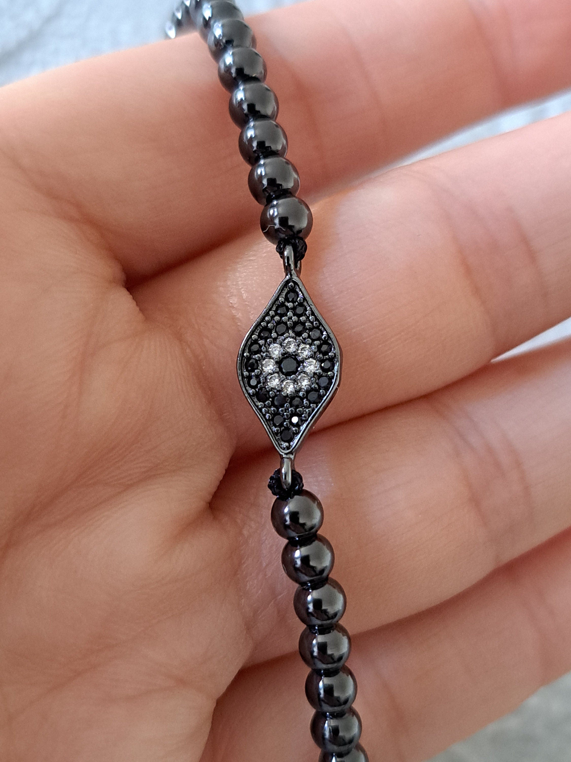 Black Evil Eye Swarovski Crystal Beaded Adjustable Bracelet