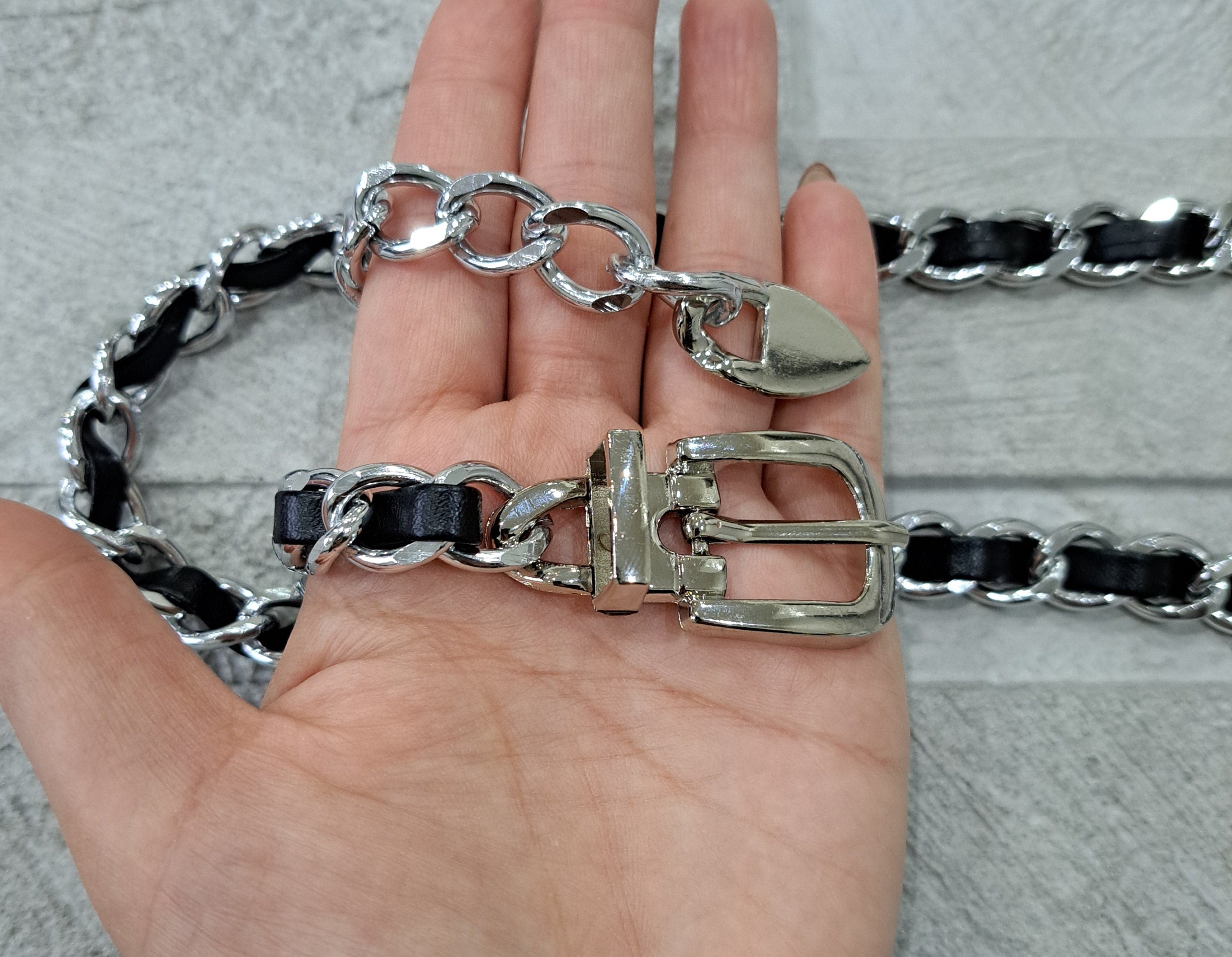 Silver Black Leather Buckle Dress Belt with Linked Chain