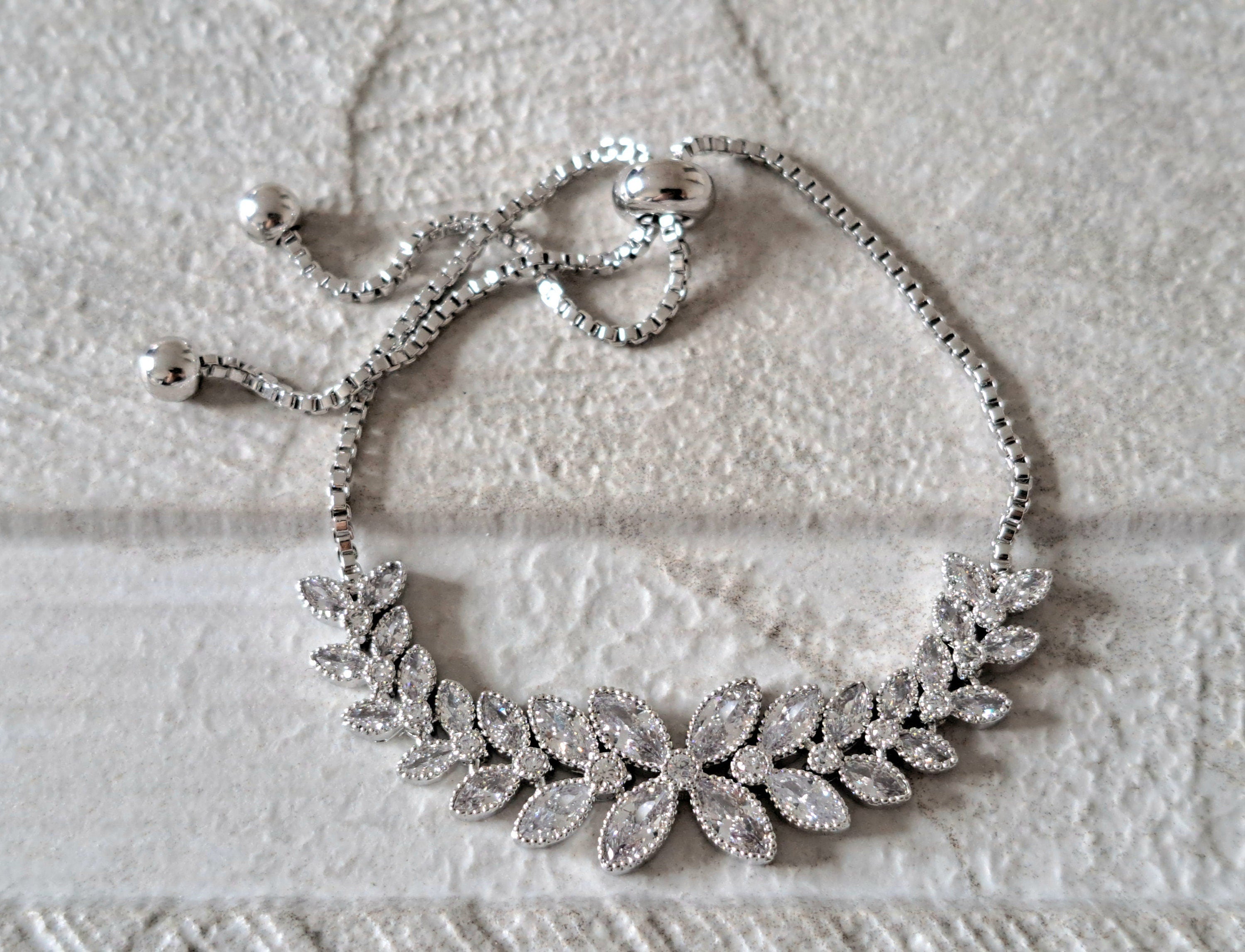 Silver Floral Swarovski Crystal Adjustable Tennis Bracelet