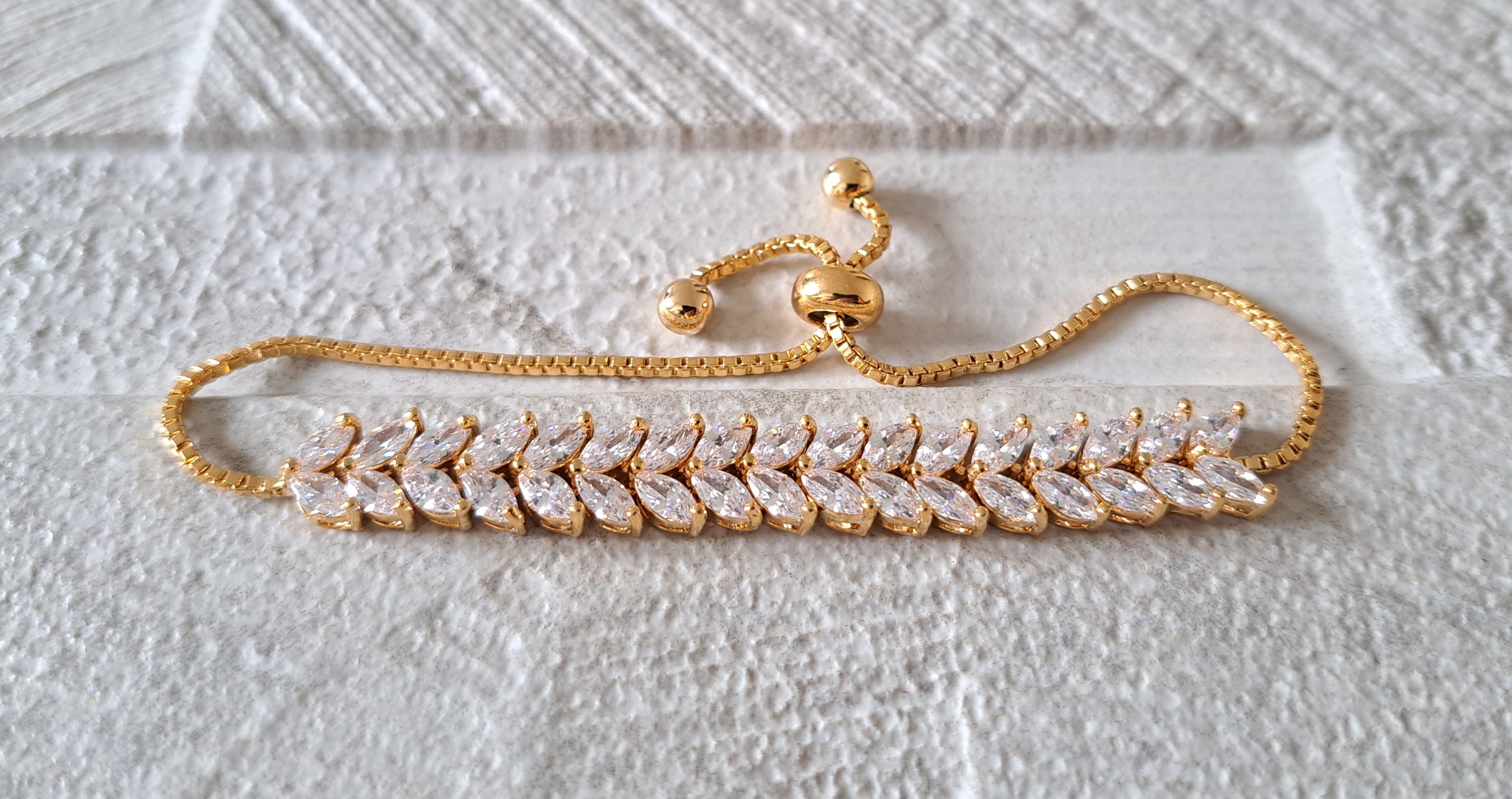 Gold Swarovski Crystal Adjustable Link Leaf Tennis Bracelet