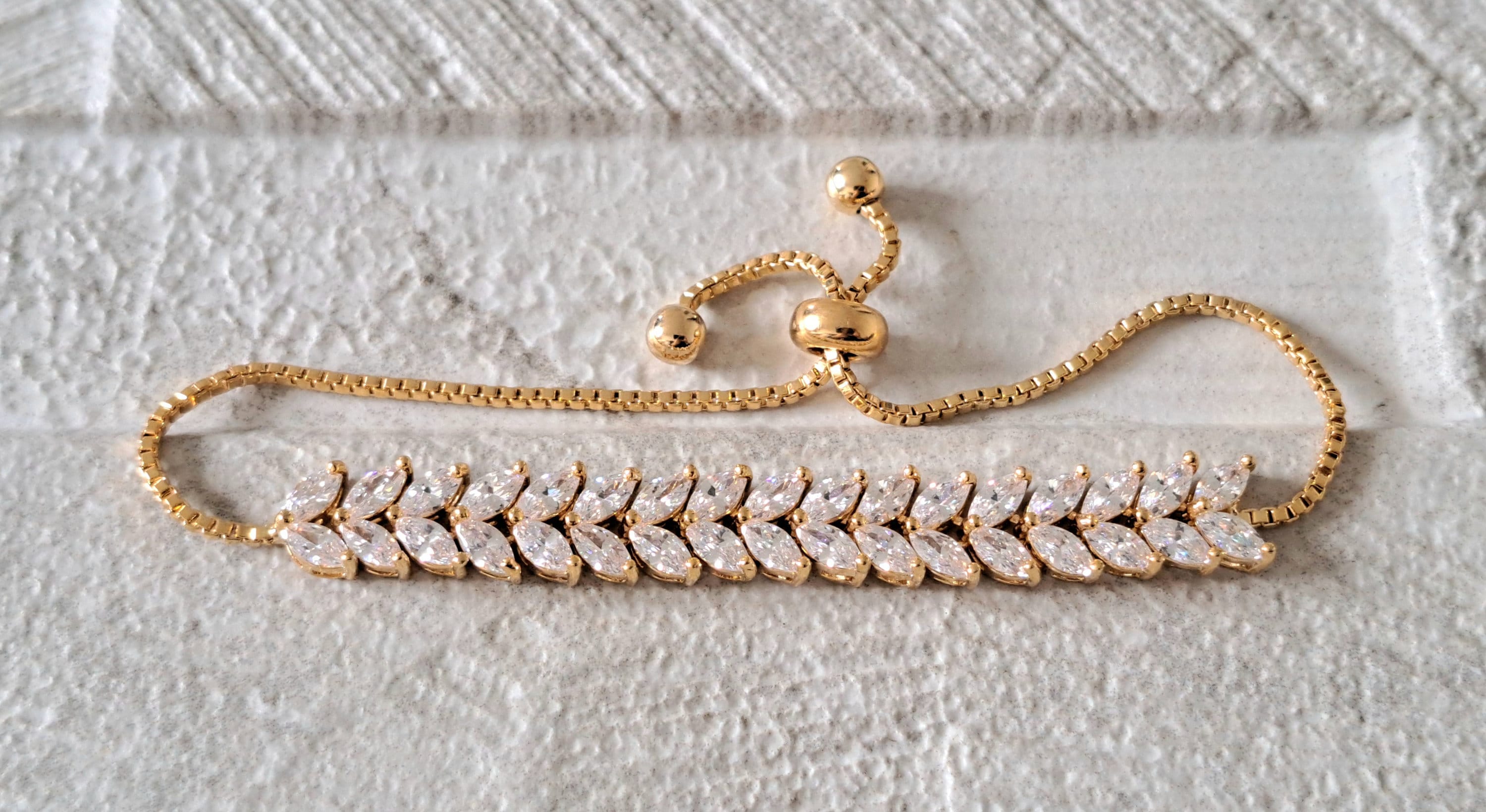 Gold Swarovski Crystal Adjustable Link Leaf Tennis Bracelet
