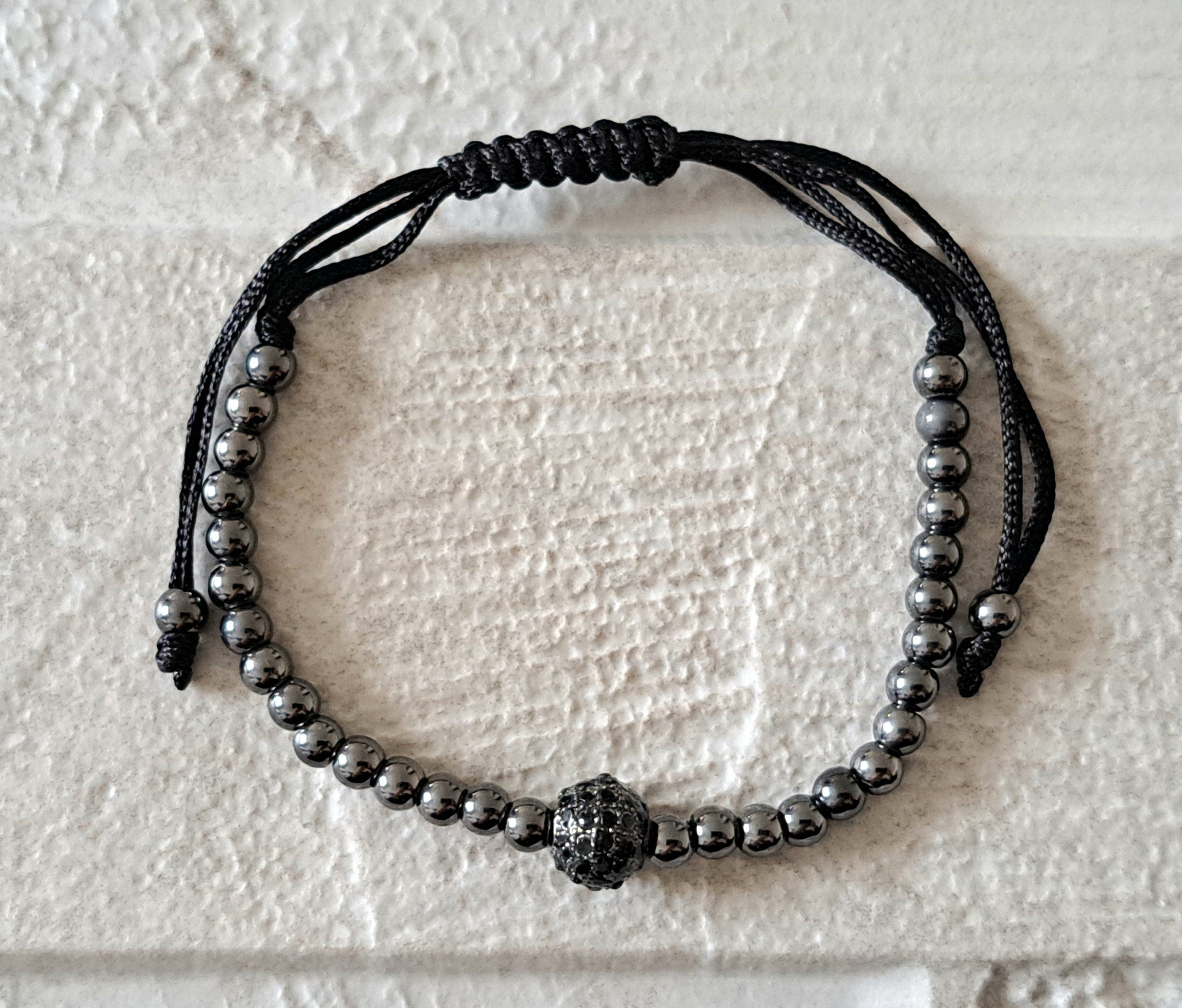 Black Crystal Beaded Ball Charm Adjustable Bracelet