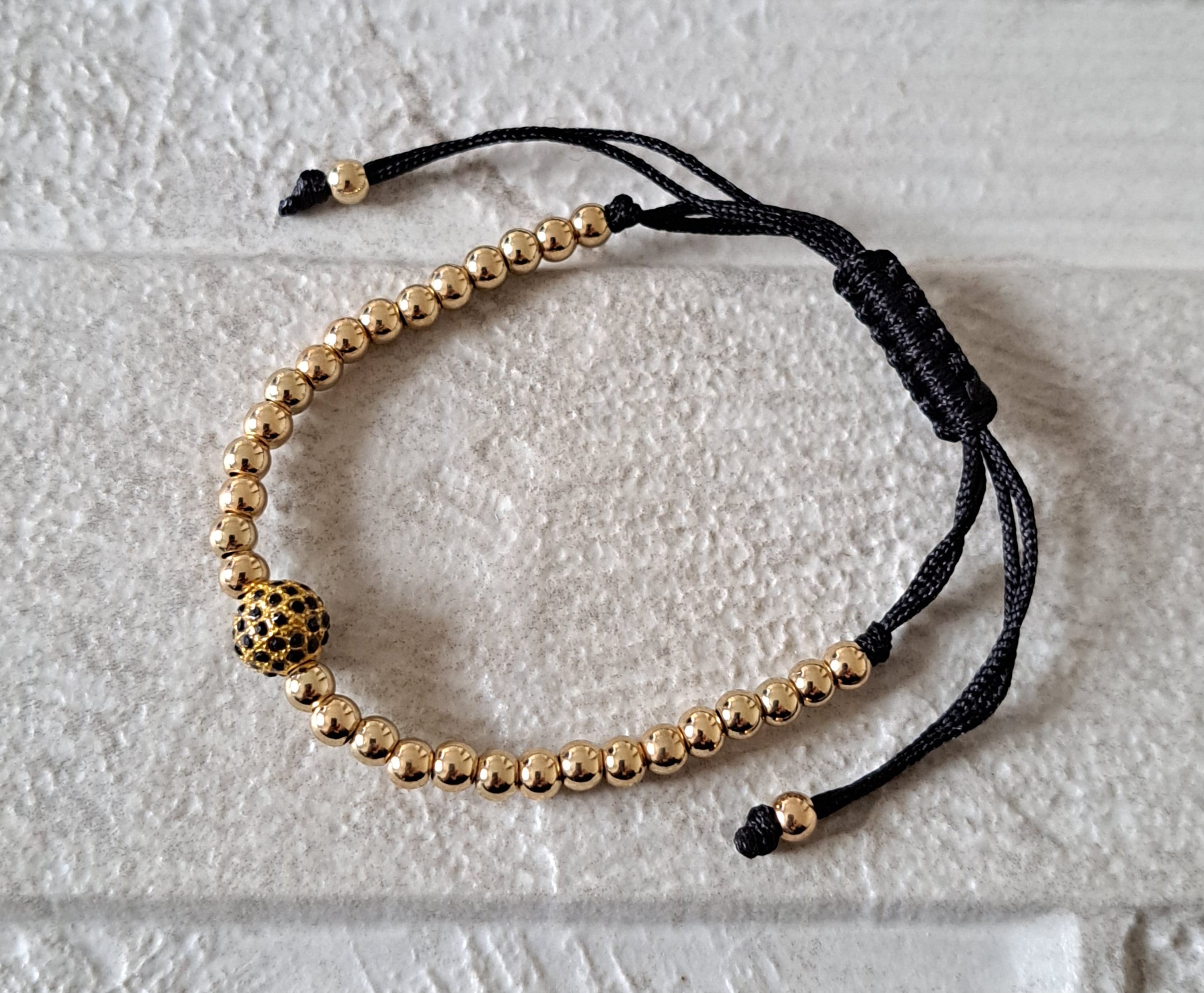 Gold Crystal Beaded Ball Charm Adjustable Bracelet