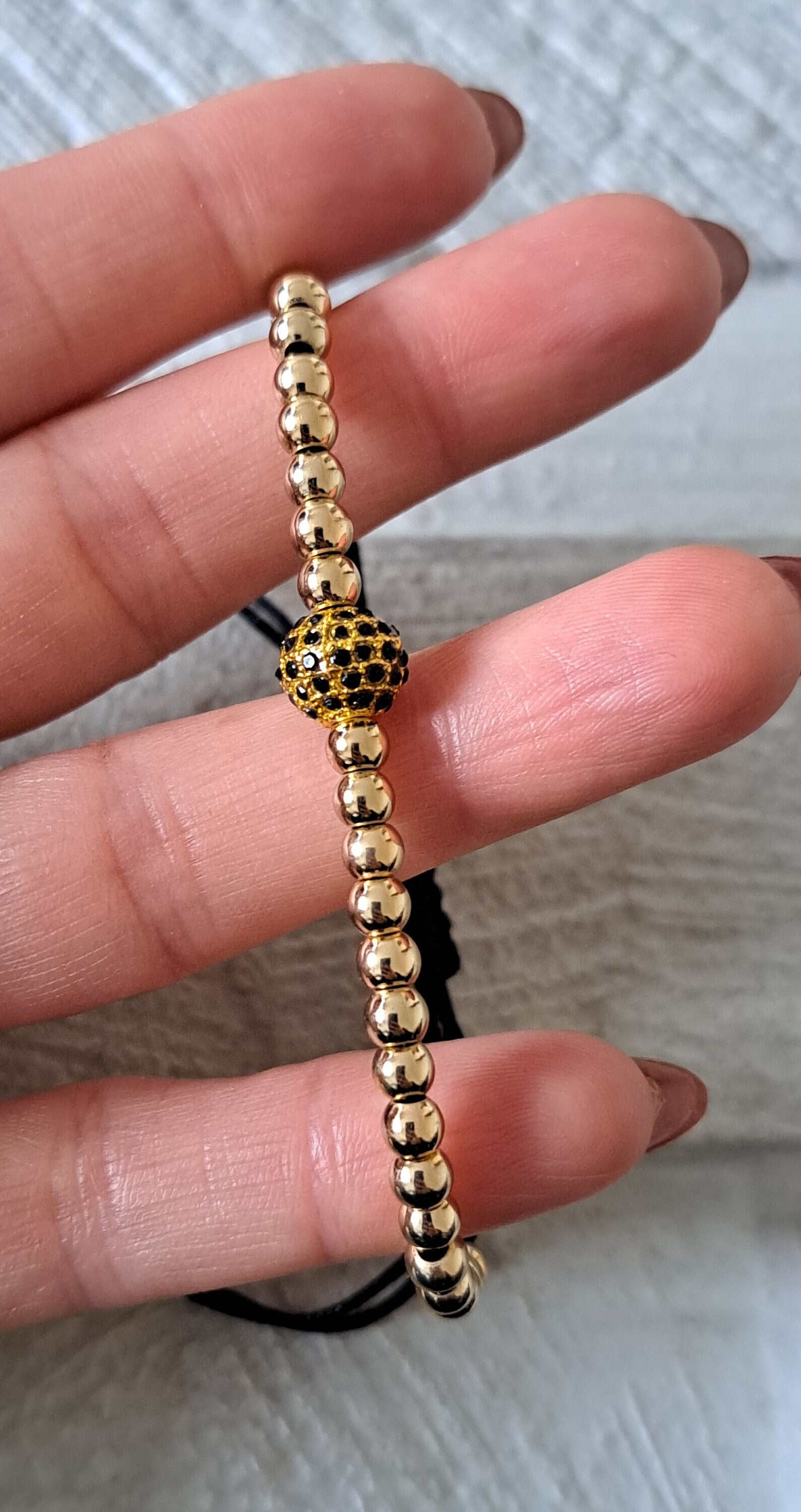 Gold Crystal Beaded Ball Charm Adjustable Bracelet