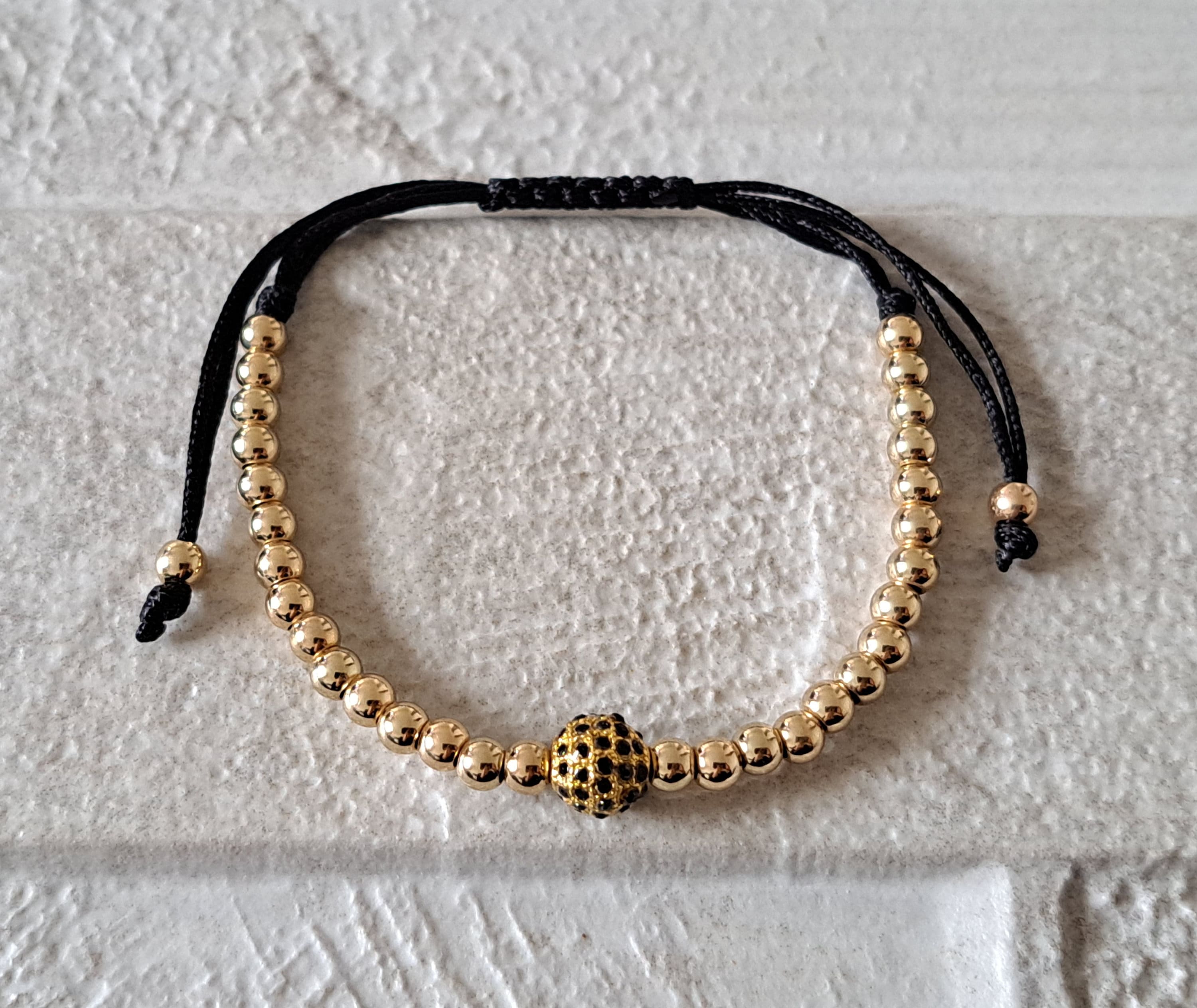 Gold Crystal Beaded Ball Charm Adjustable Bracelet