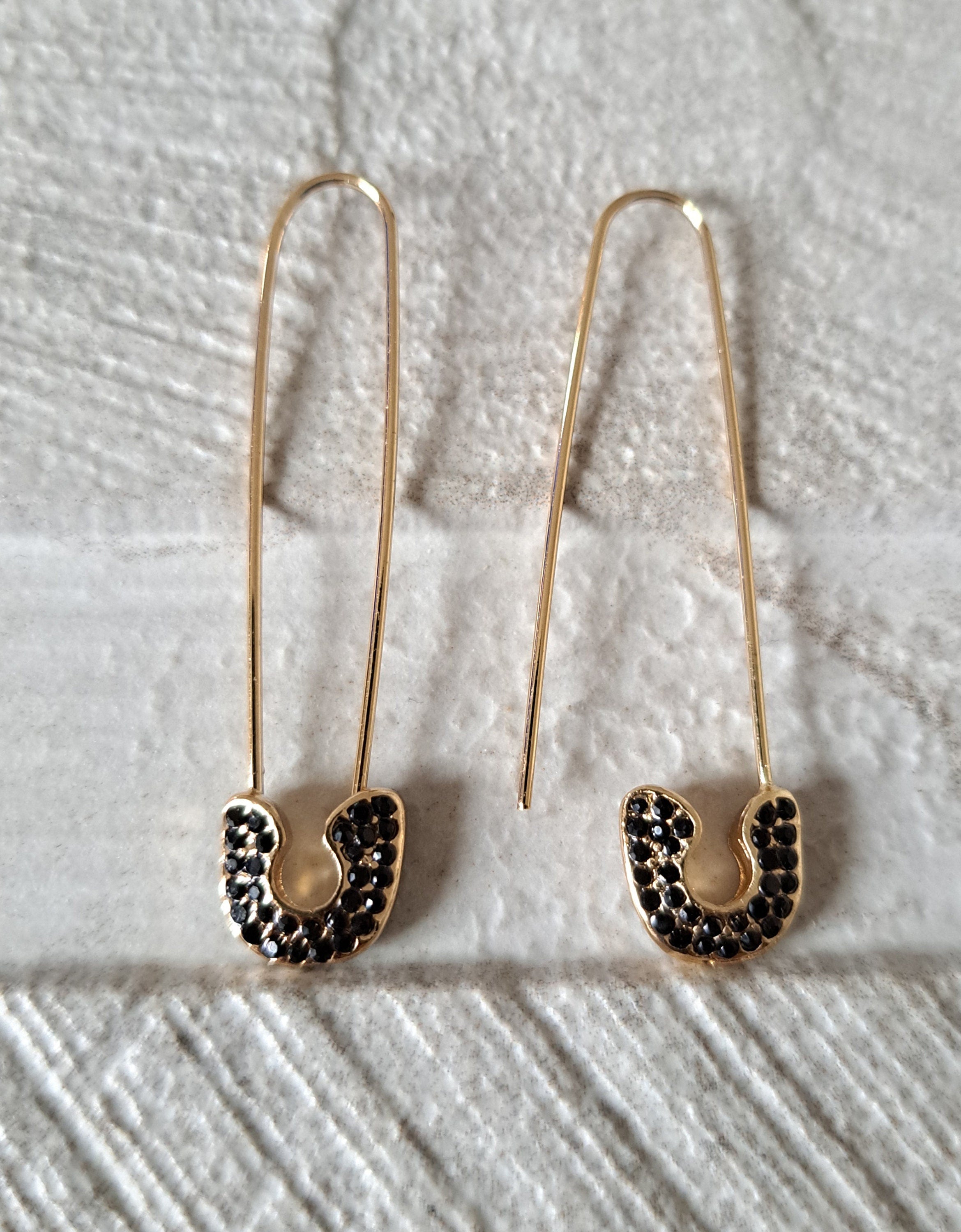 Gold Black Crystal Safety Pin Earrings