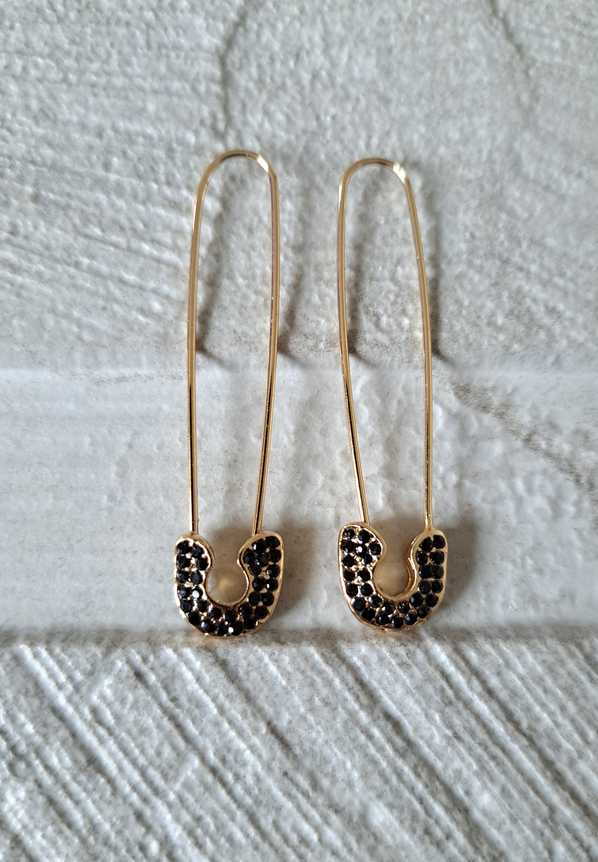 Gold Black Crystal Safety Pin Earrings