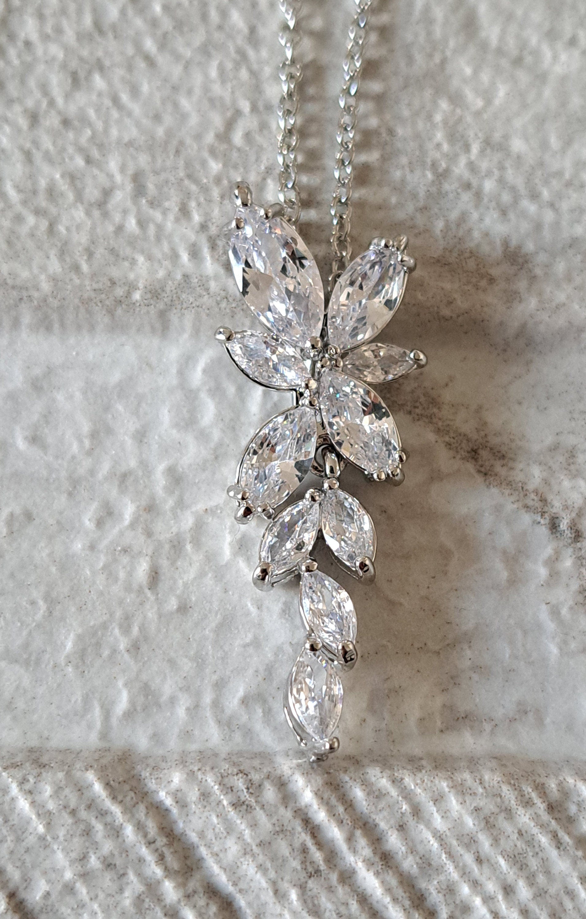 Silver Floral Drop Crystal Swarovski Necklace and Pendant