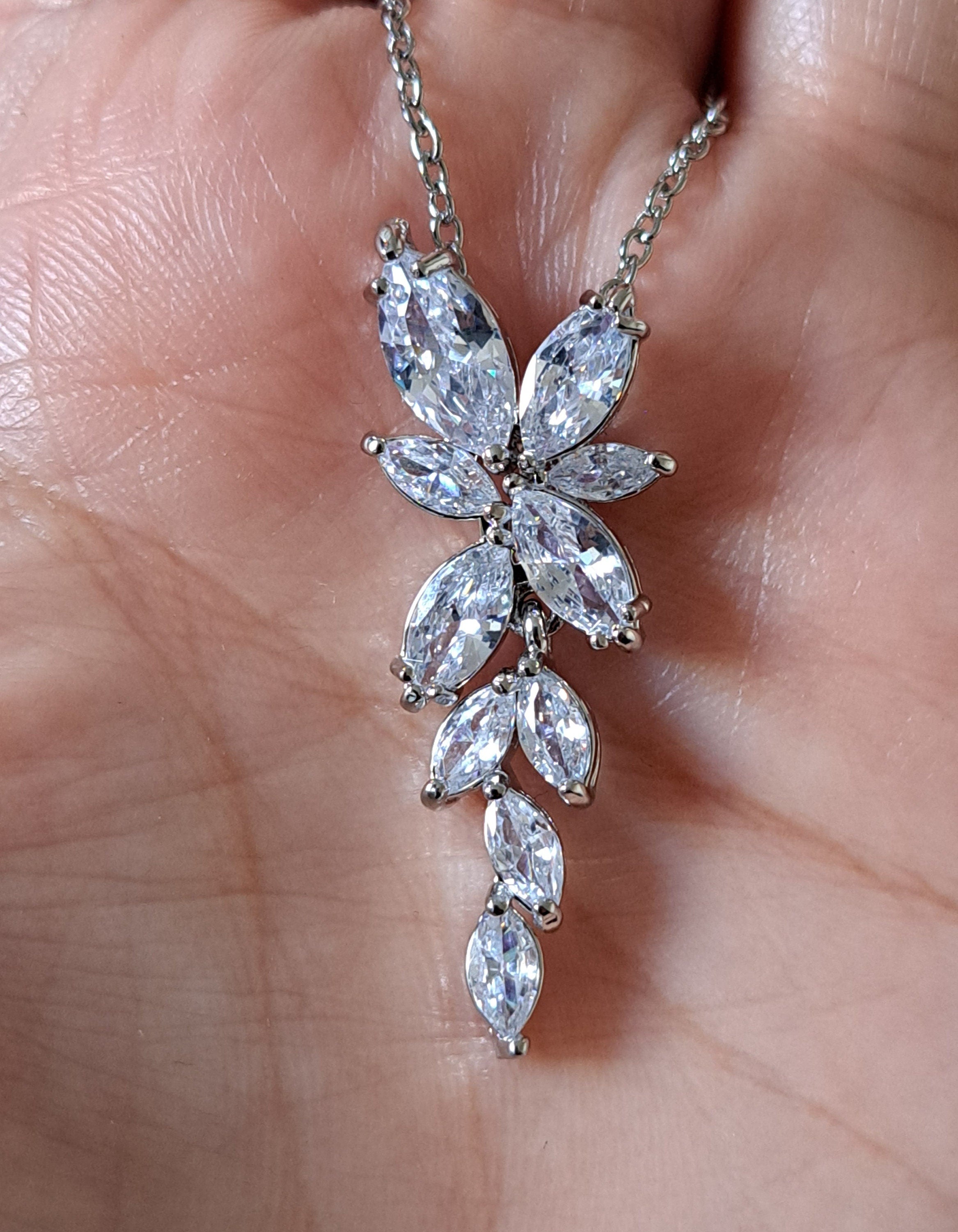 Silver Floral Drop Crystal Swarovski Necklace and Pendant