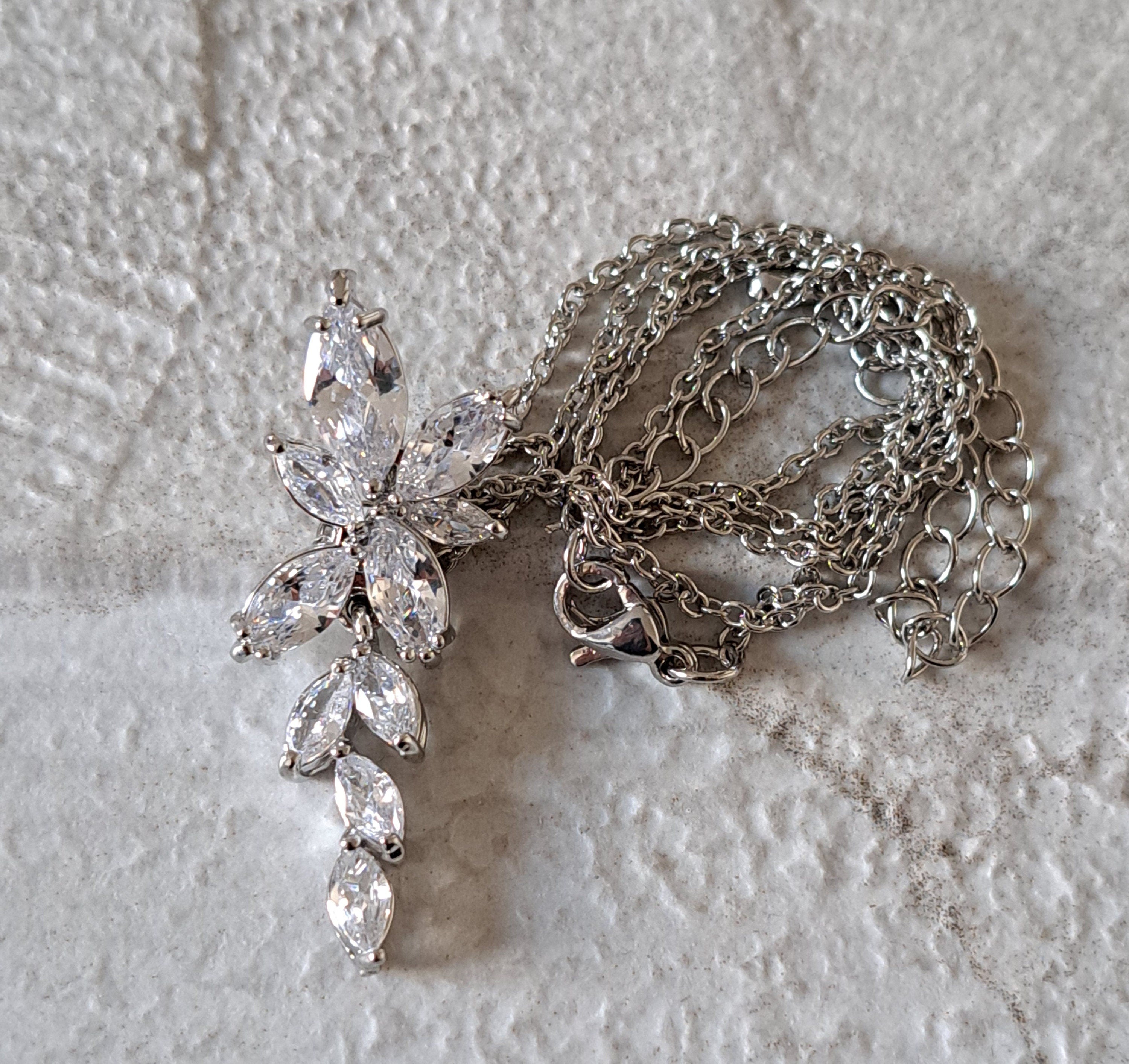 Silver Floral Drop Crystal Swarovski Necklace and Pendant