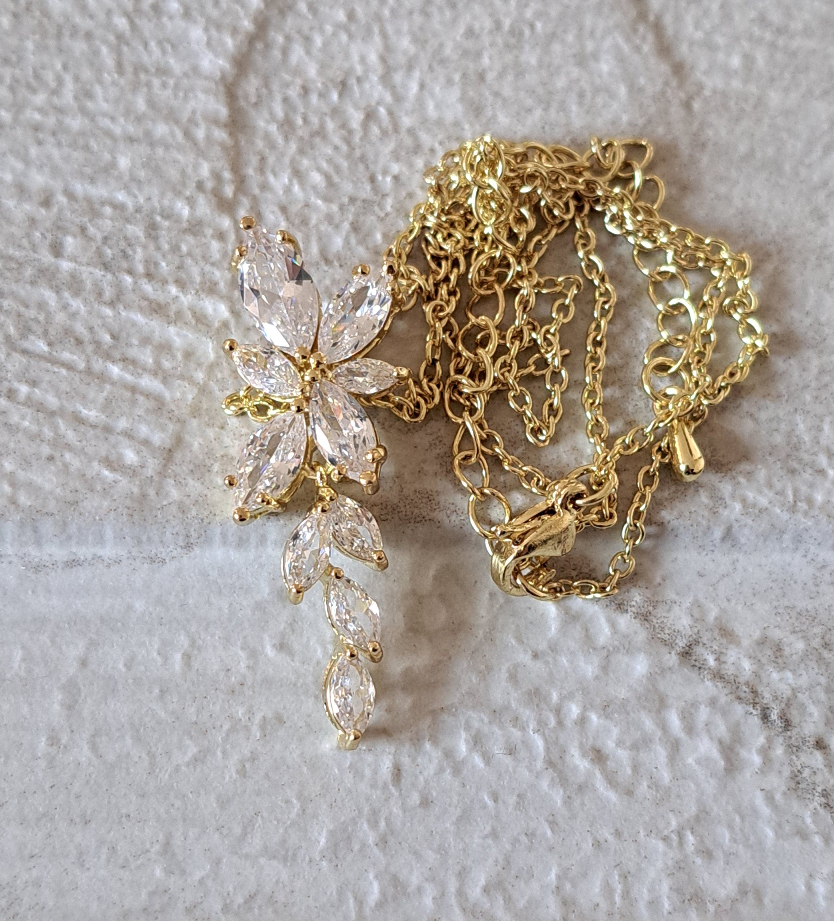 Gold Floral Drop Crystal Swarovski Necklace and Pendant