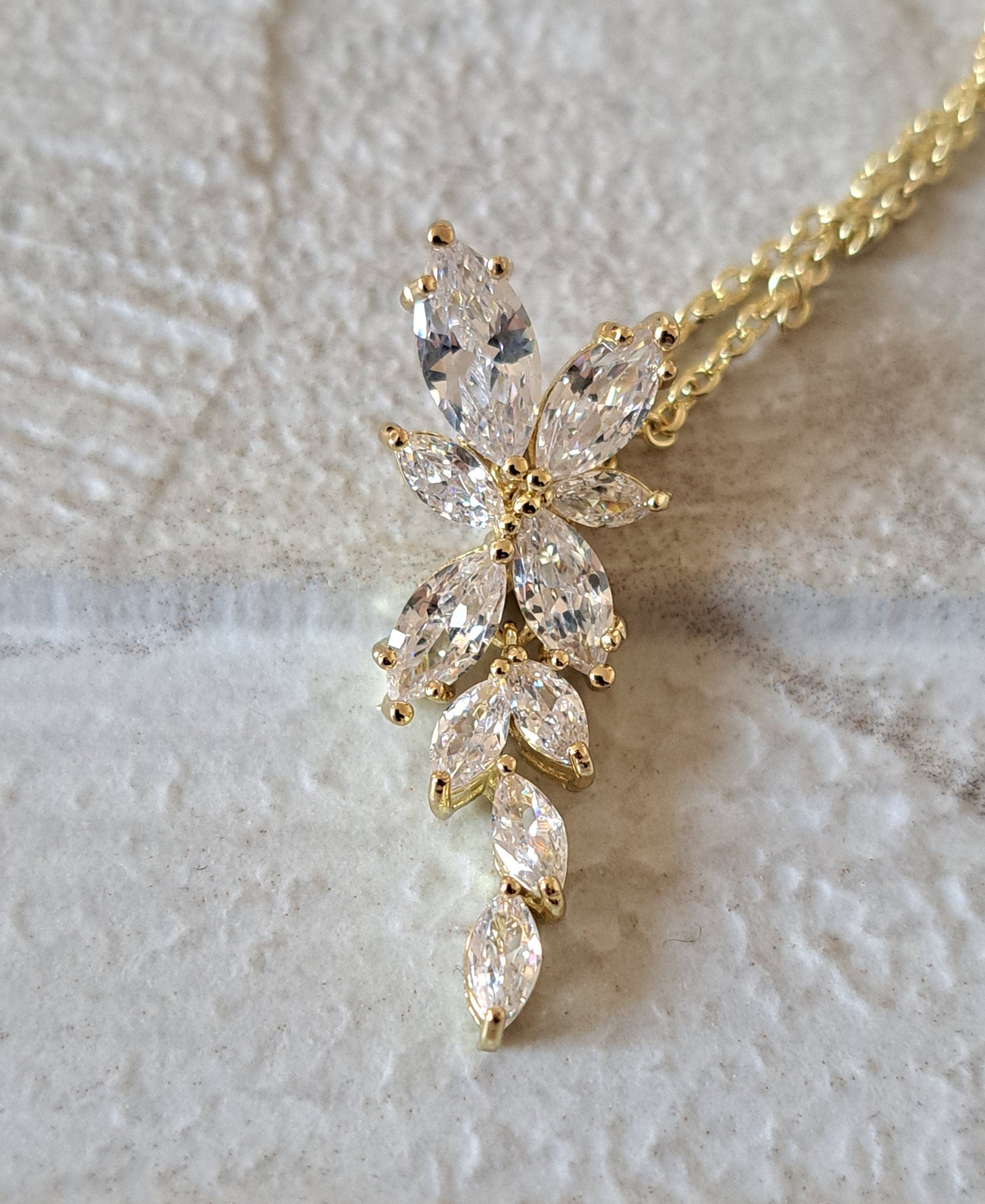 Gold Floral Drop Crystal Swarovski Necklace and Pendant