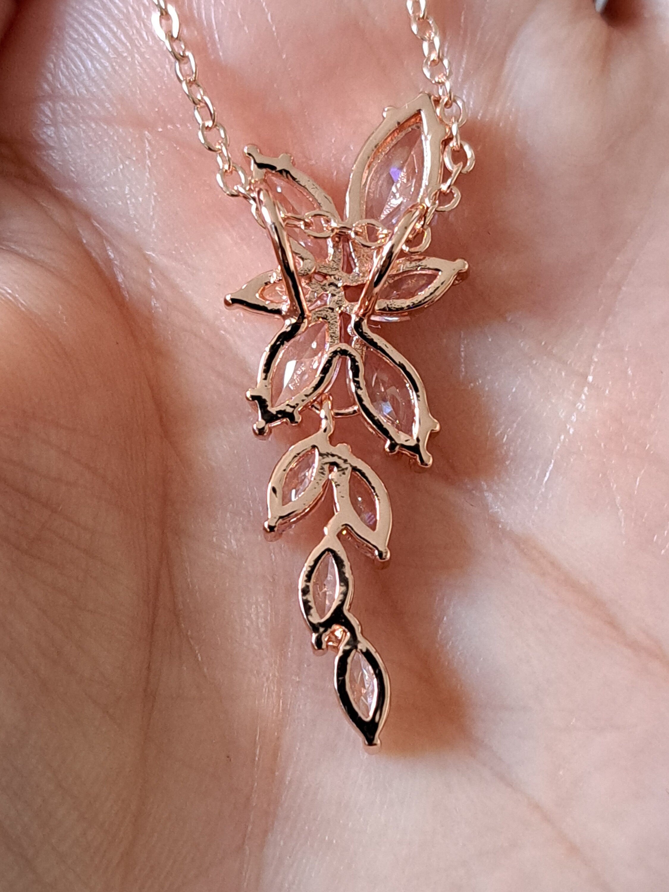 Rose Gold Floral Drop Crystal Swarovski Necklace and Pendant