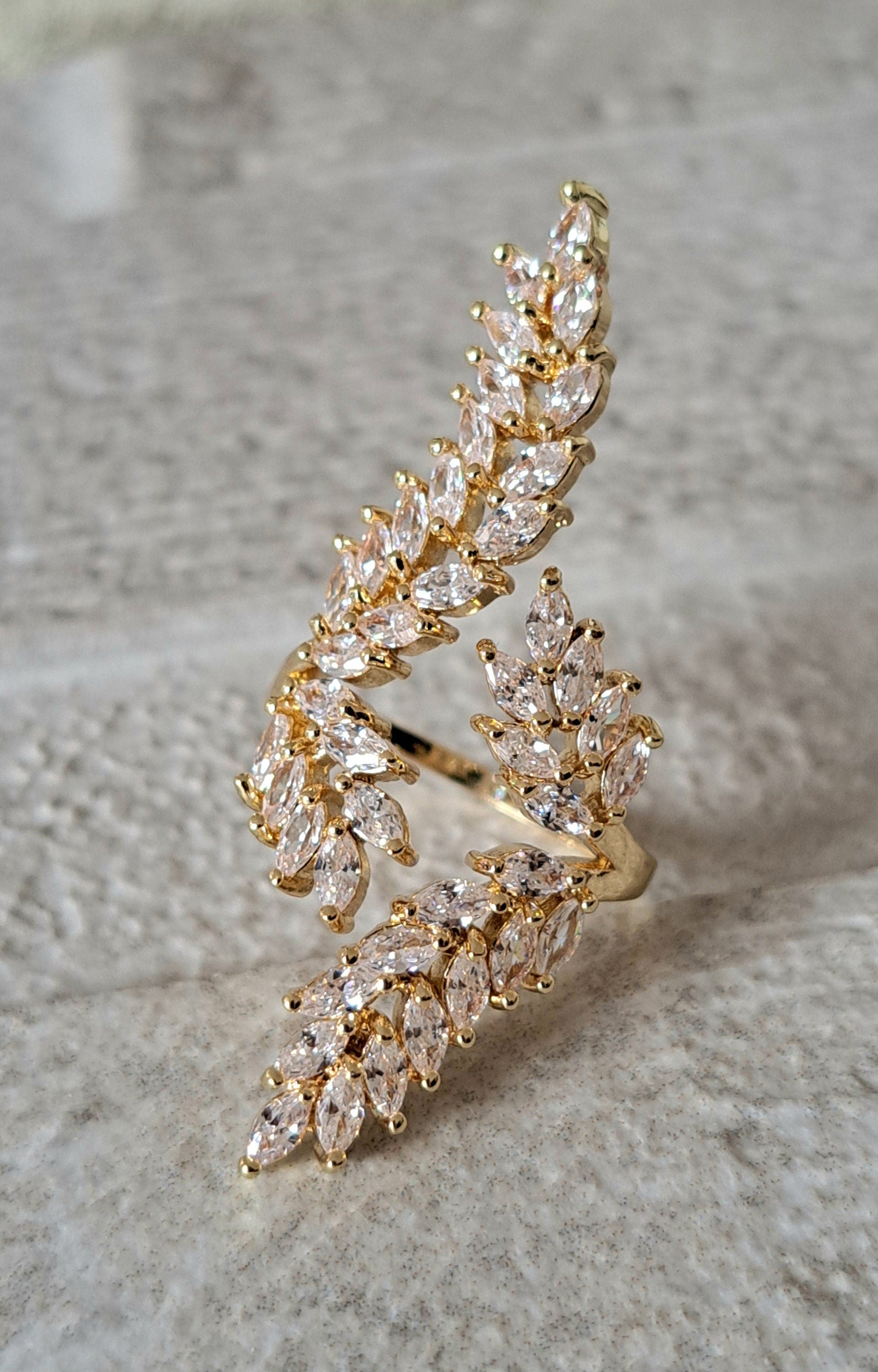 Gold Large Leaf Swarovski Crystal Adjustable Open Ring