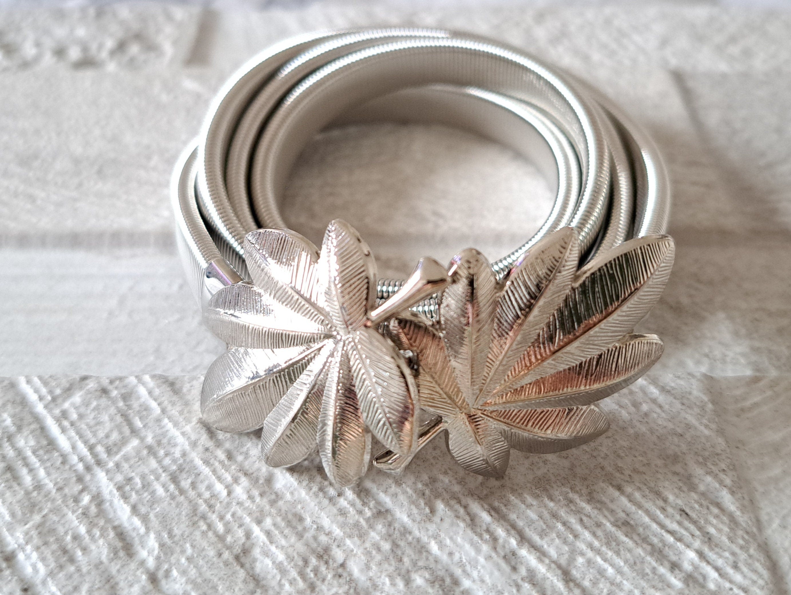 Silver Skinny Double Leaf Clover Stretch Buckle Dress Coat Belt