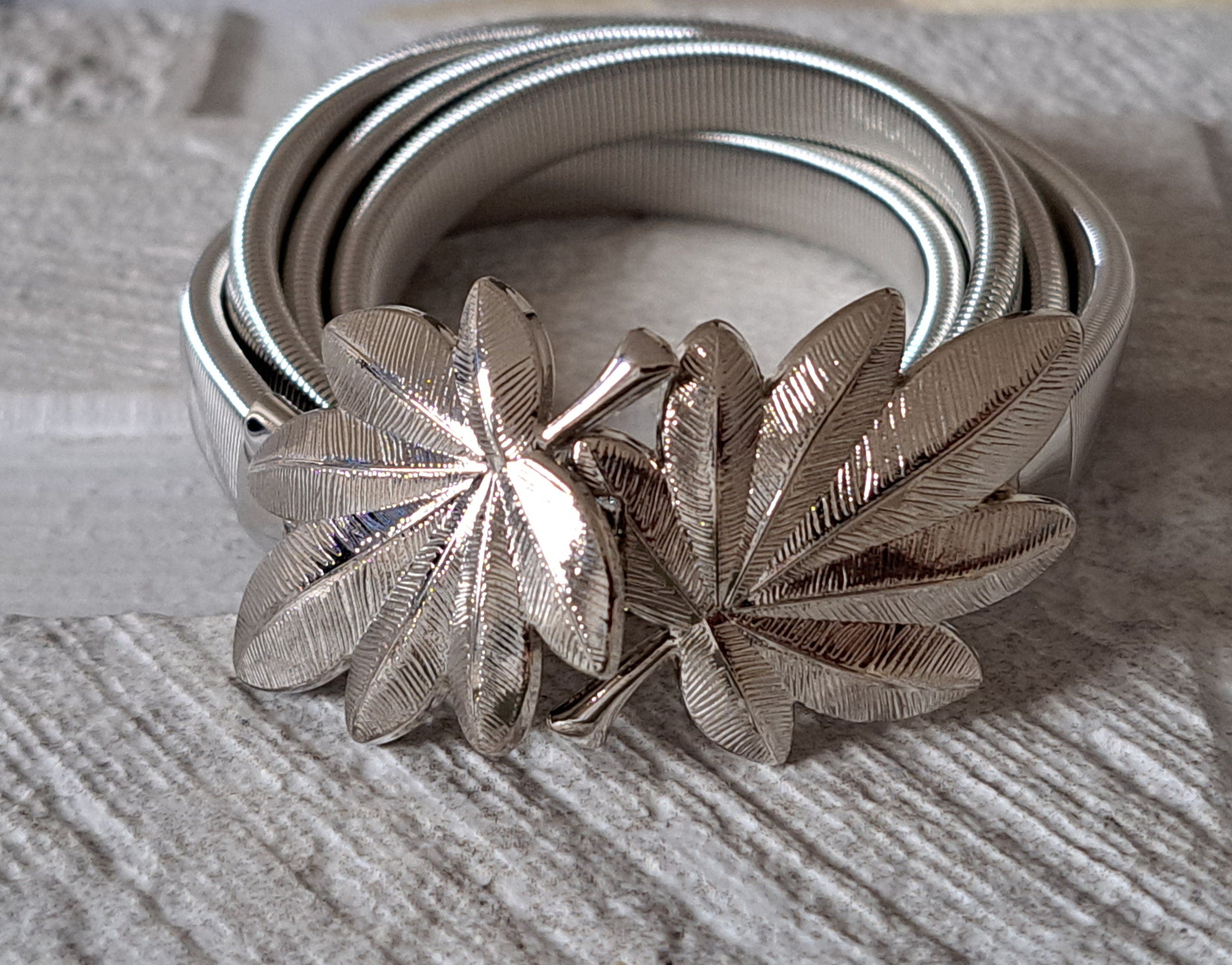 Silver Skinny Double Leaf Clover Stretch Buckle Dress Coat Belt