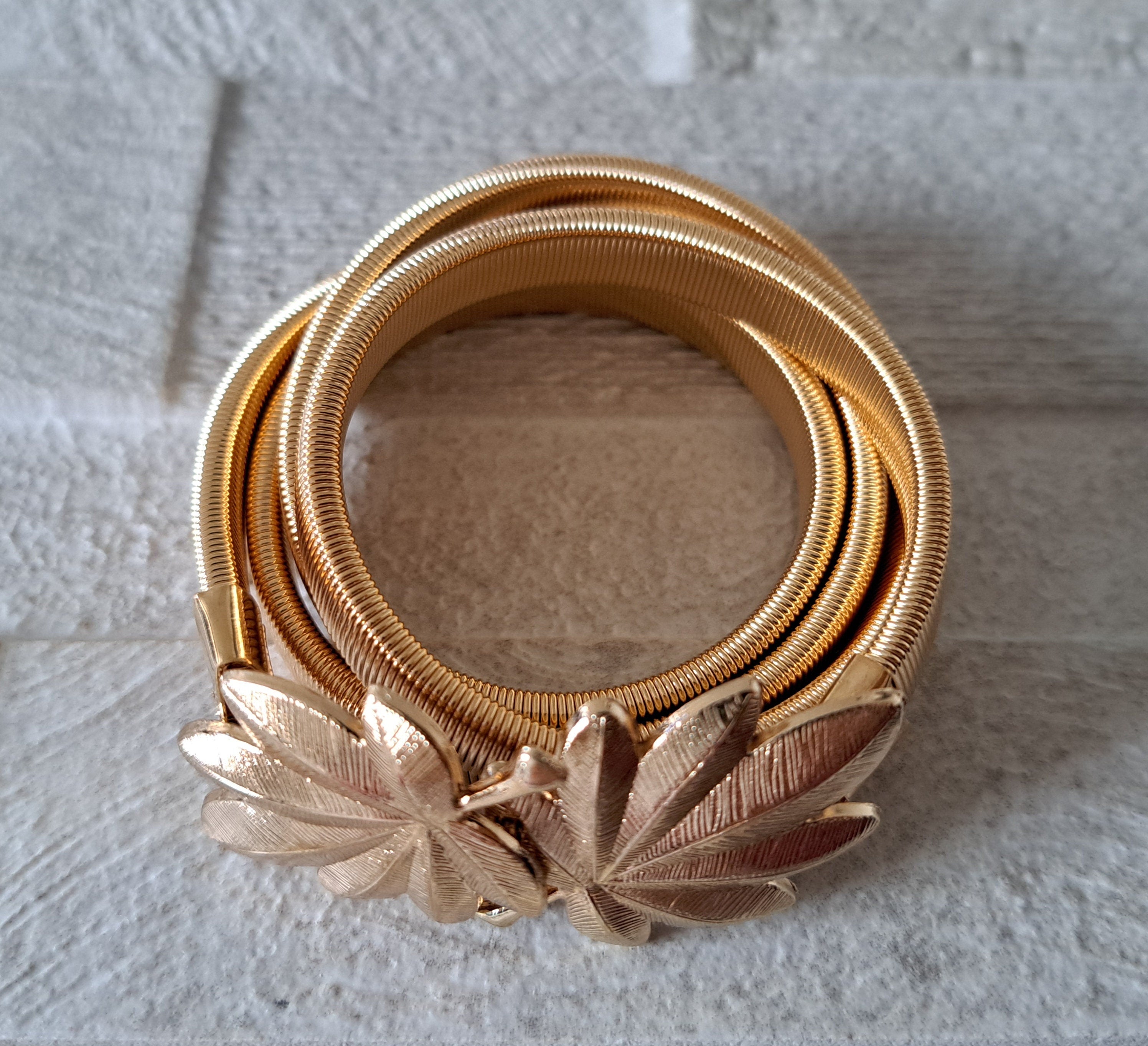 Gold Skinny Double Leaf Clover Stretch Buckle Dress Coat Belt