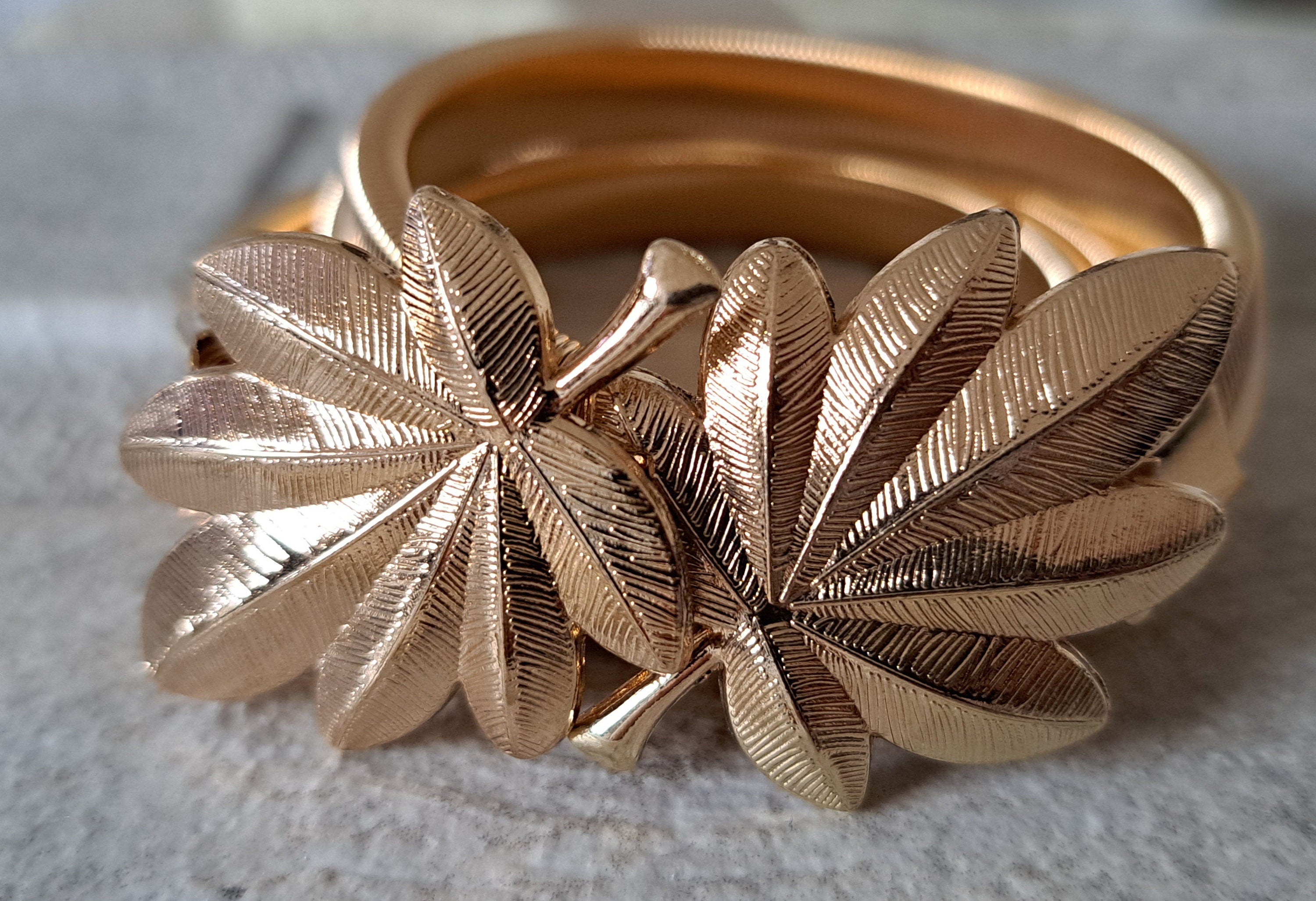 Gold Skinny Double Leaf Clover Stretch Buckle Dress Coat Belt