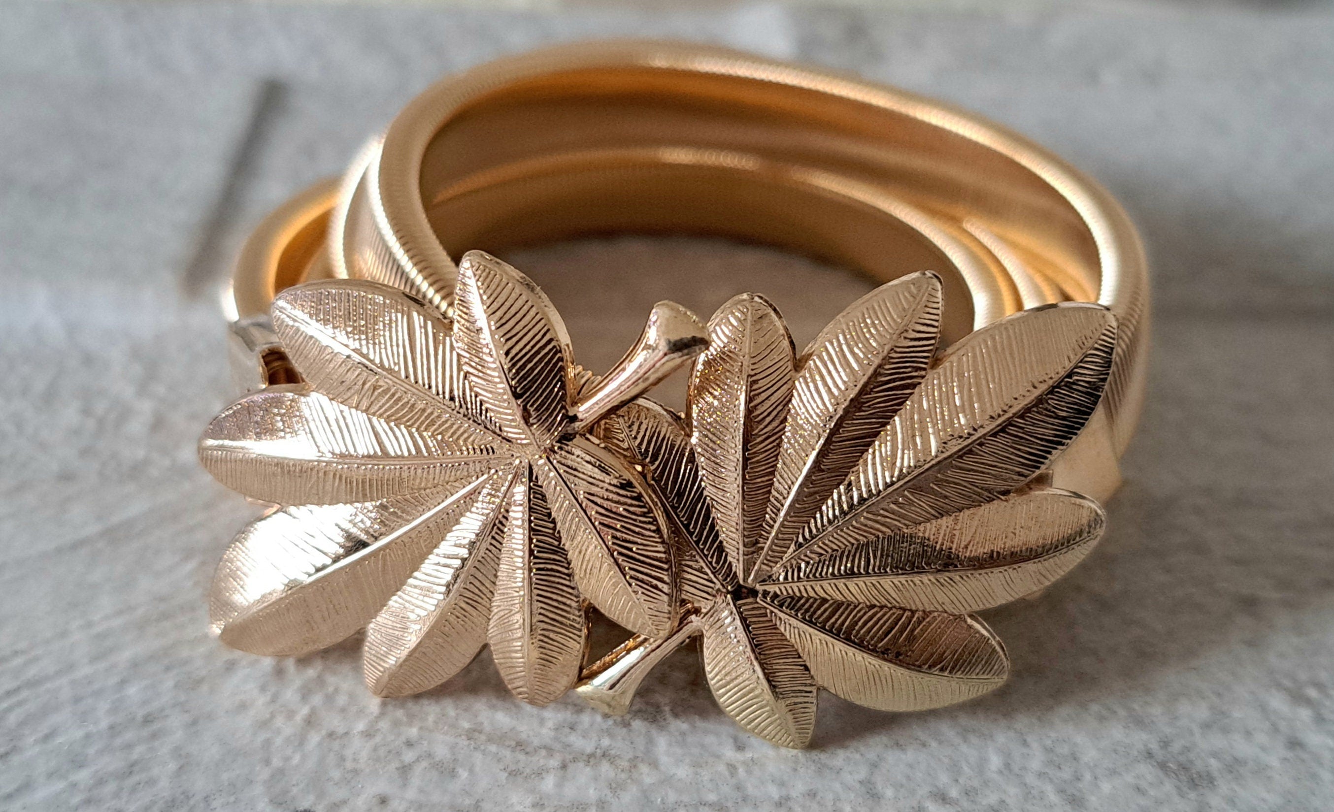 Gold Skinny Double Leaf Clover Stretch Buckle Dress Coat Belt