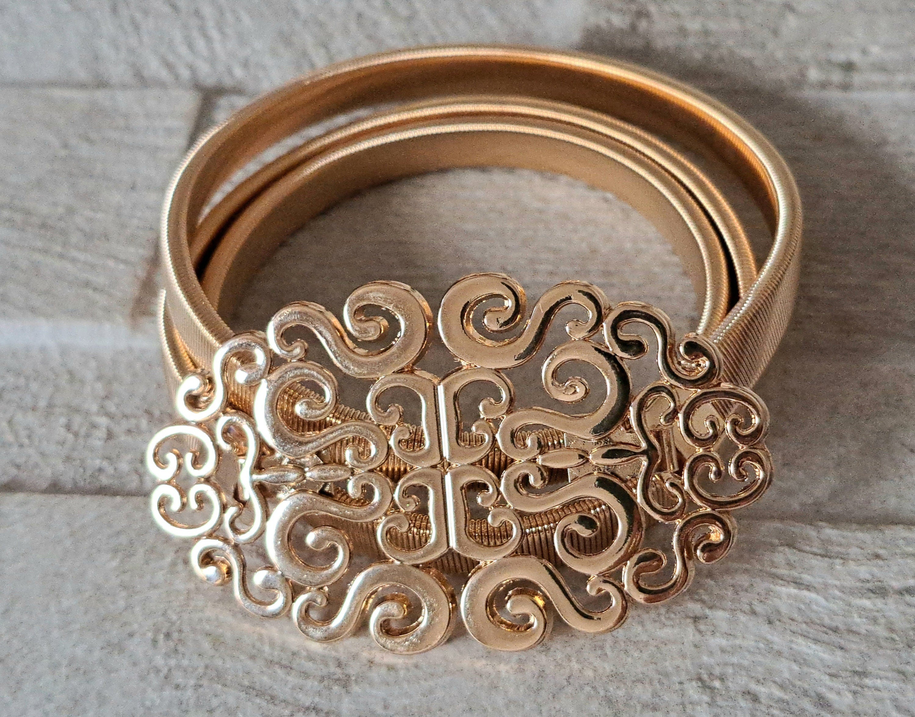 Gold Large Skinny Cut Out Buckle Stretch Dress Coat Belt