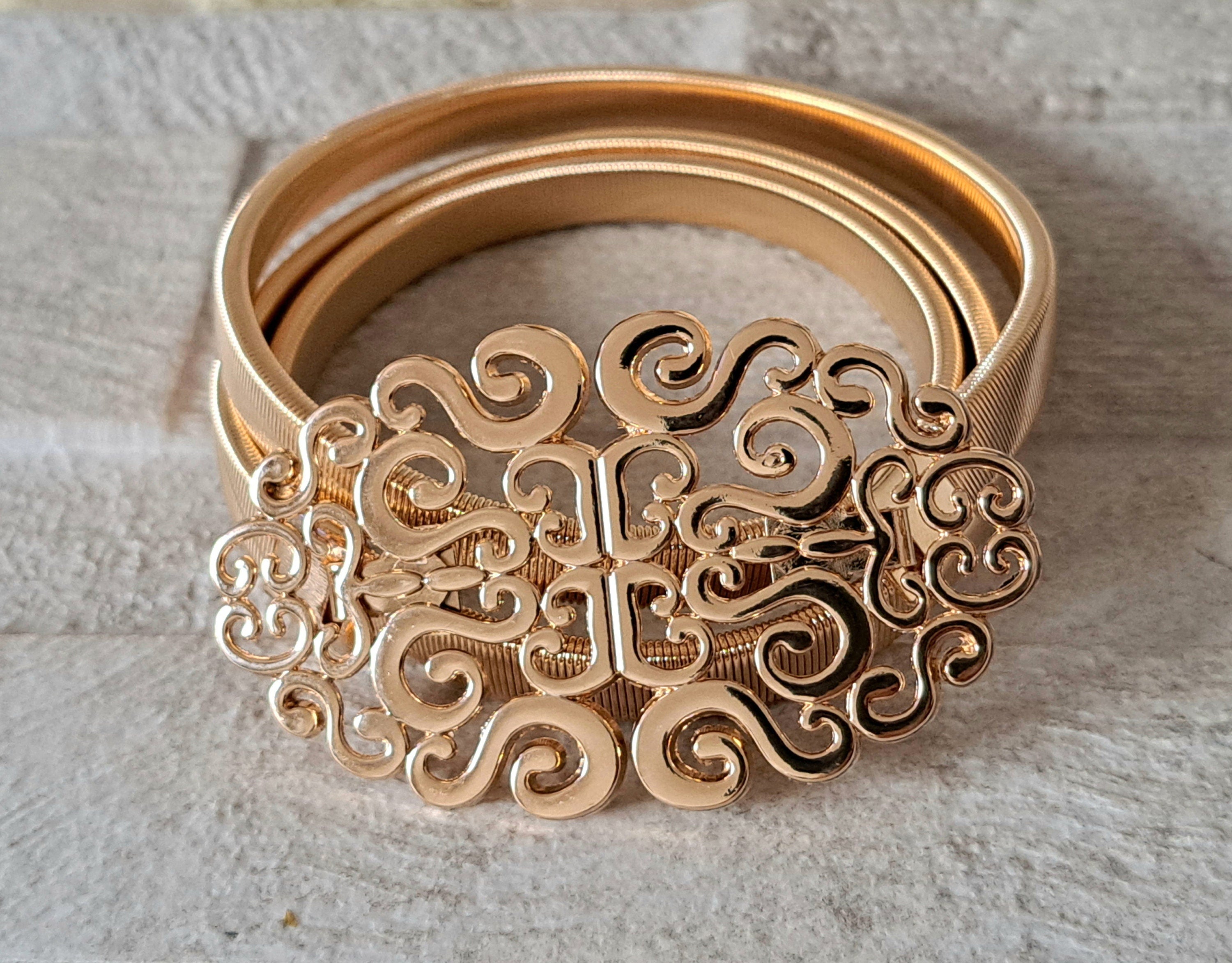 Gold Large Skinny Cut Out Buckle Stretch Dress Coat Belt