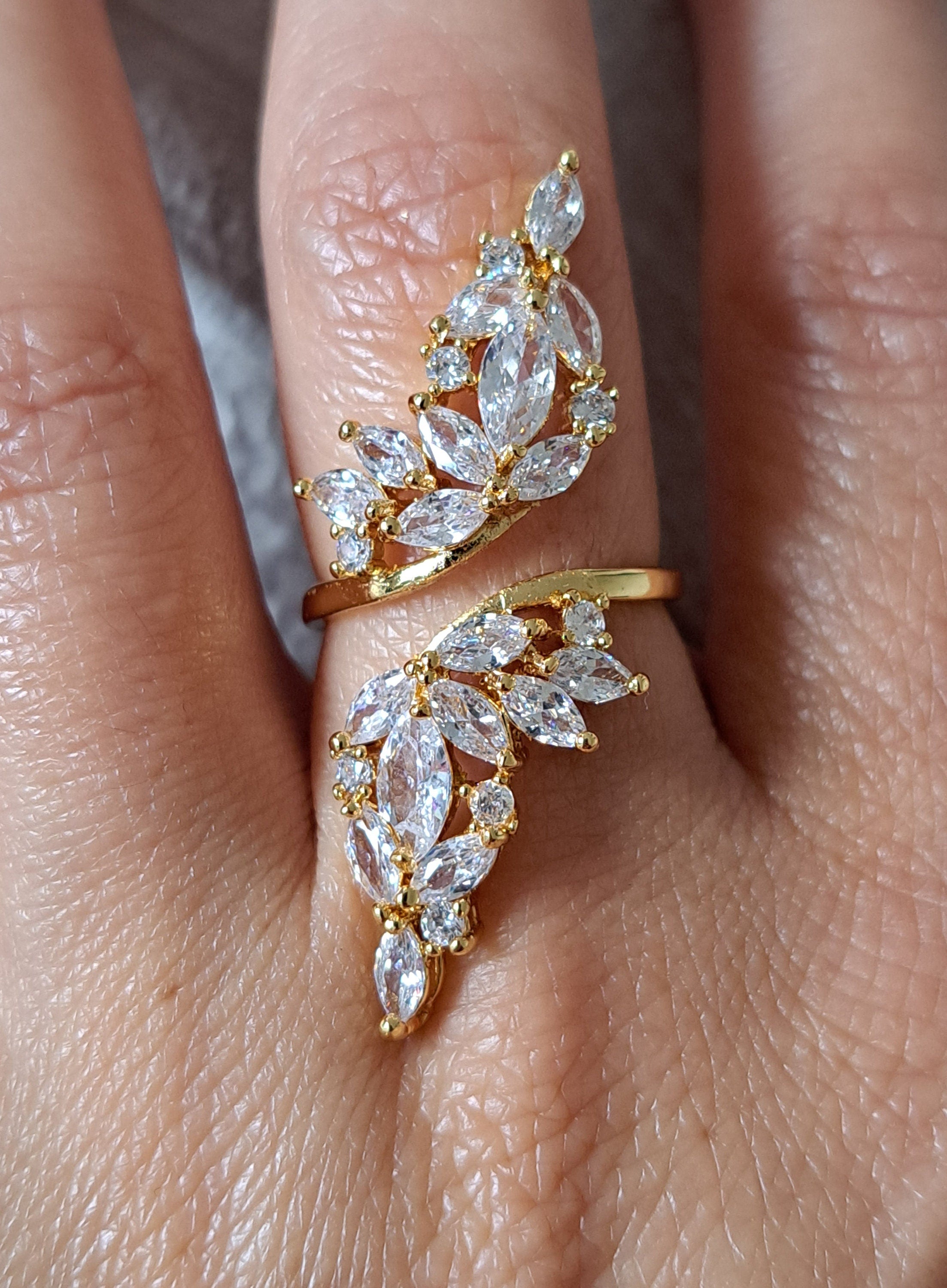 Gold Large Long Leaf Swarovski Crystal Open Ring