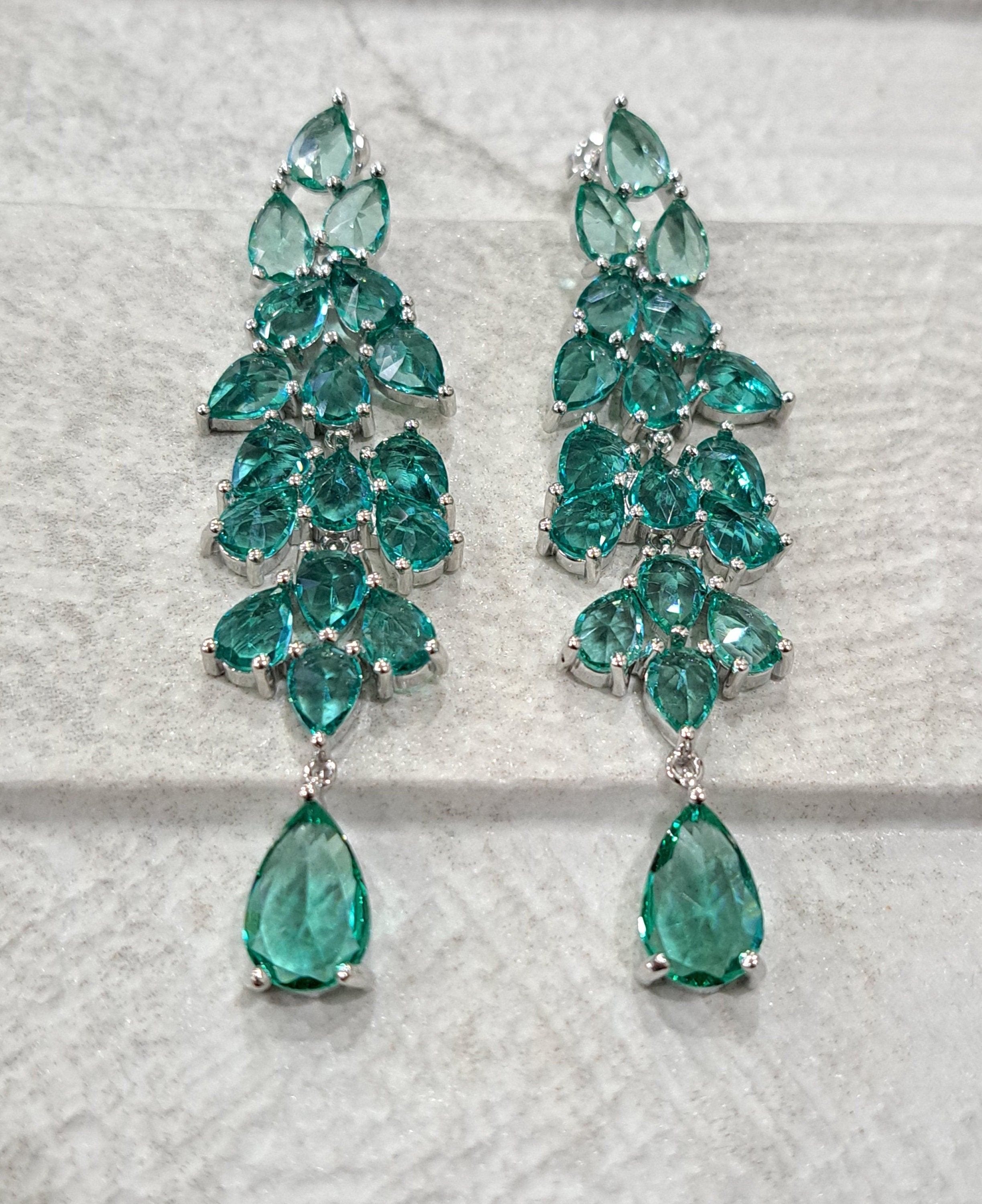 Silver Green Water Drop Long Swarovski Crystal Chandelier Earrings