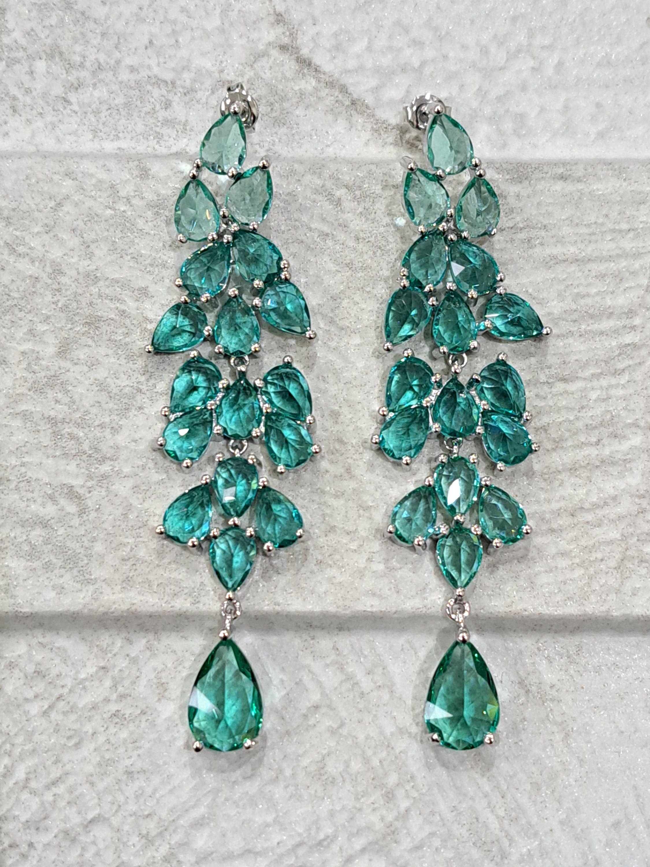 Silver Green Water Drop Long Swarovski Crystal Chandelier Earrings