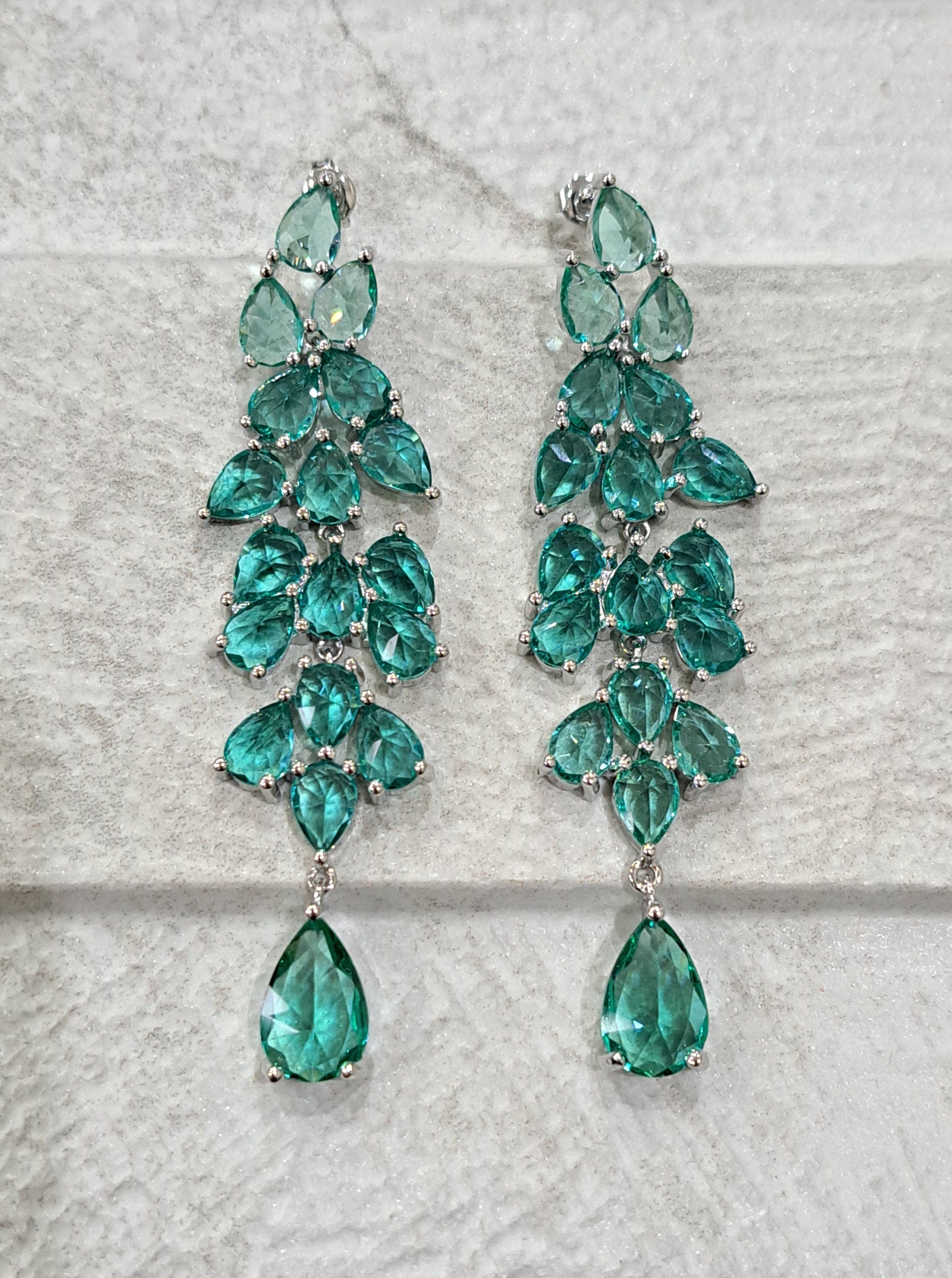 Silver Green Water Drop Long Swarovski Crystal Chandelier Earrings