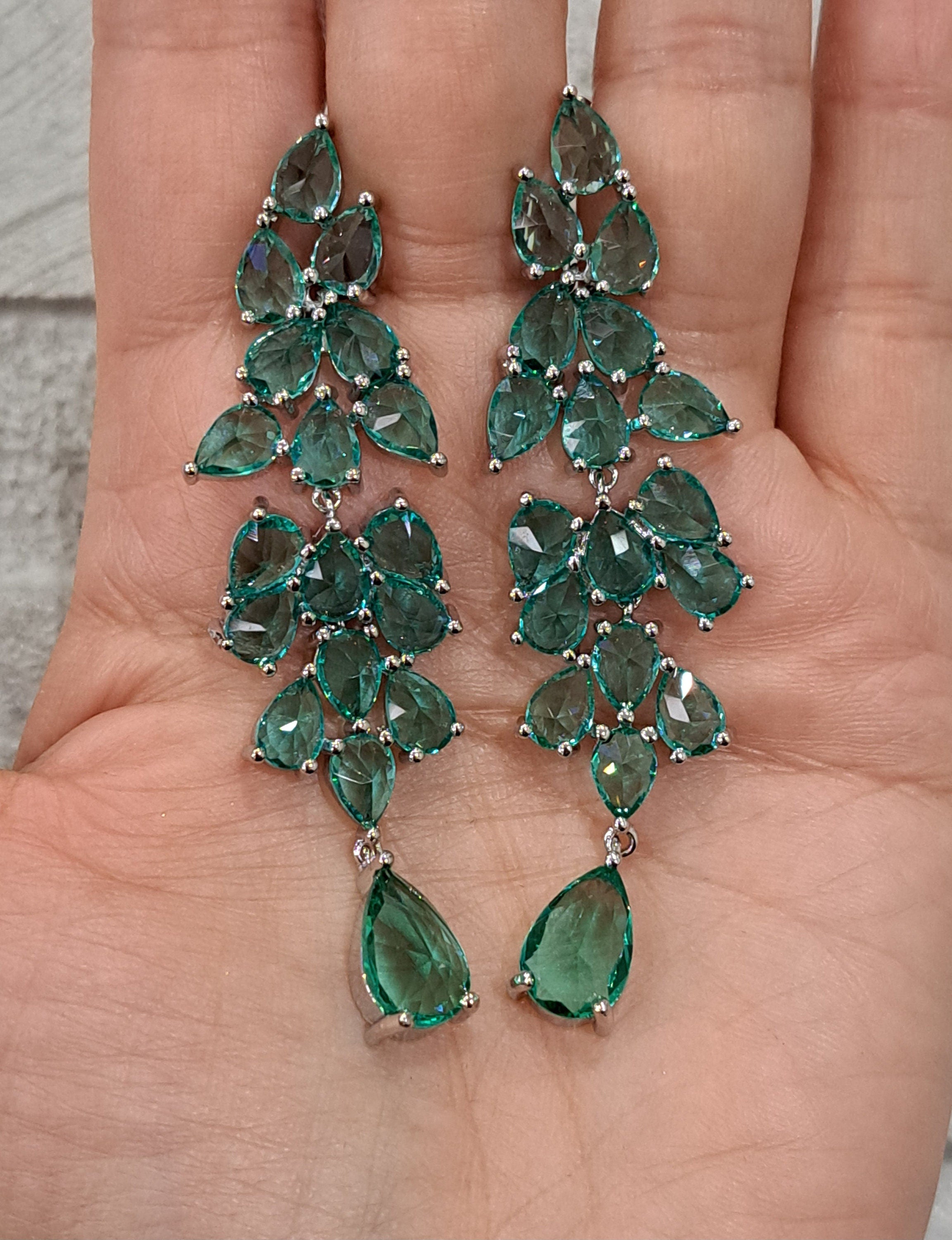 Silver Green Water Drop Long Swarovski Crystal Chandelier Earrings
