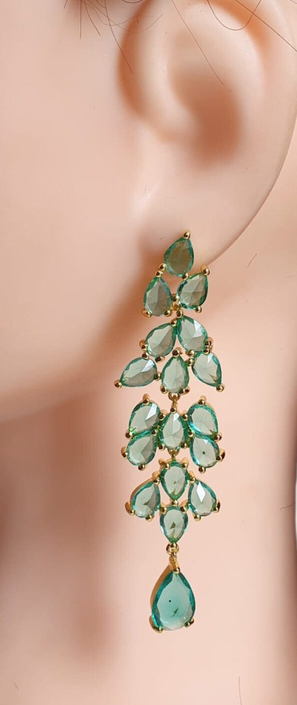 Silver Green Water Drop Long Swarovski Crystal Chandelier Earrings