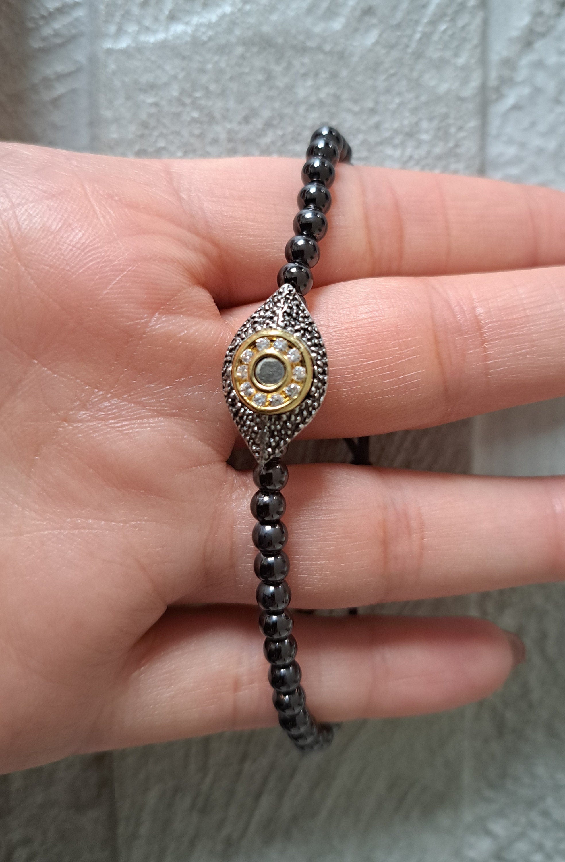 Gunmetal Grey Swarovski Crystal Evil Eye Adjustable Bracelet