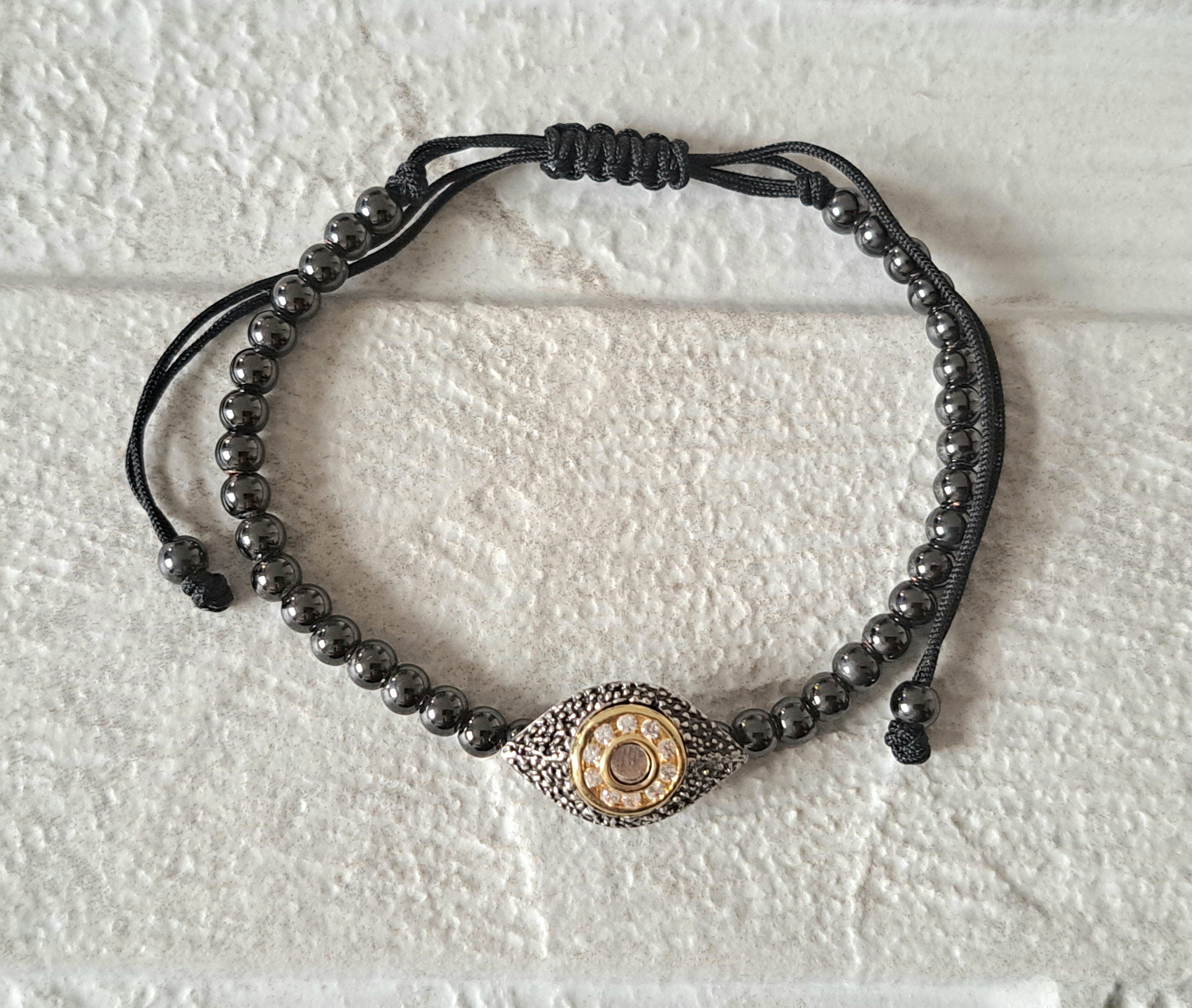 Gunmetal Grey Swarovski Crystal Evil Eye Adjustable Bracelet