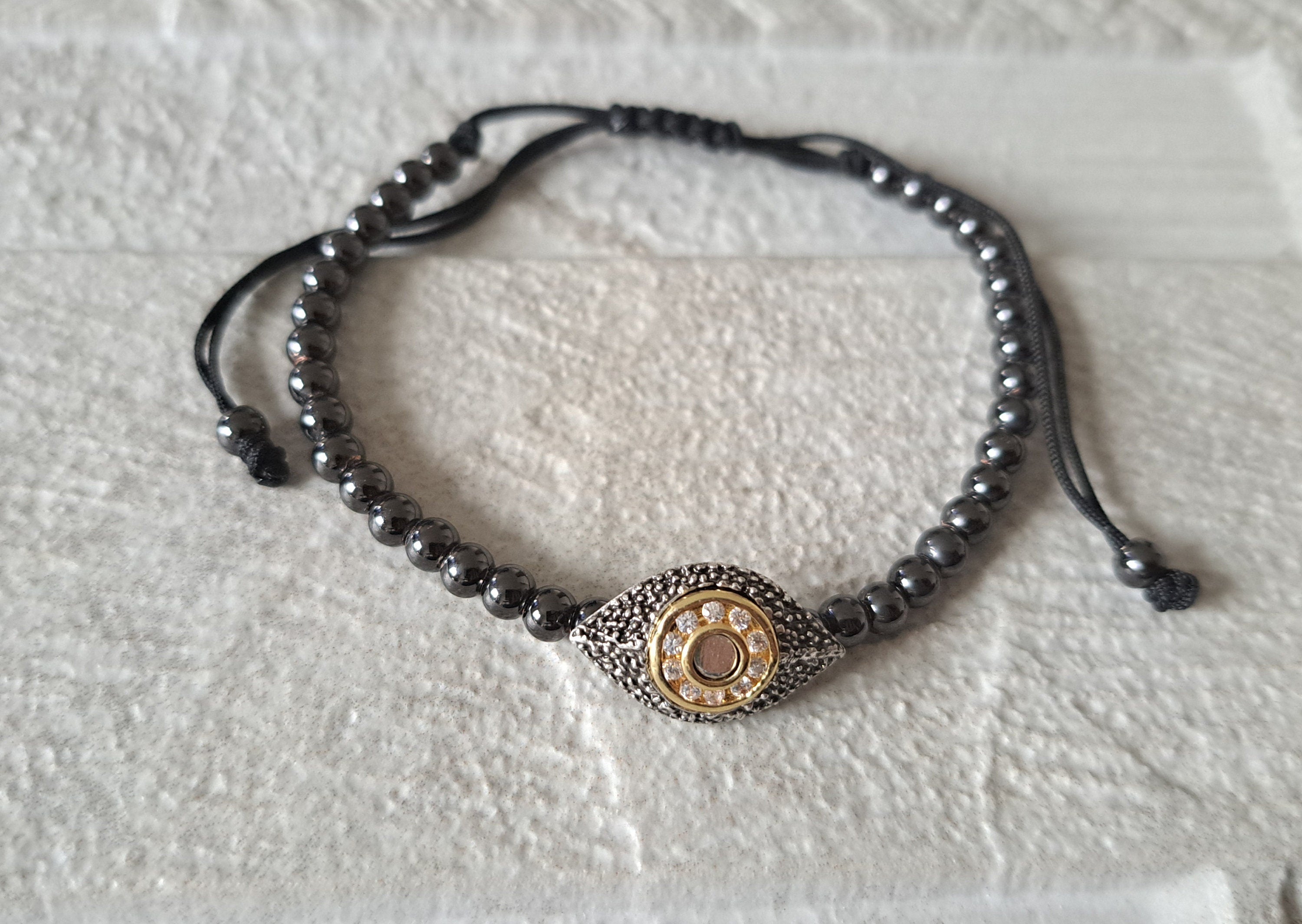 Gunmetal Grey Swarovski Crystal Evil Eye Adjustable Bracelet