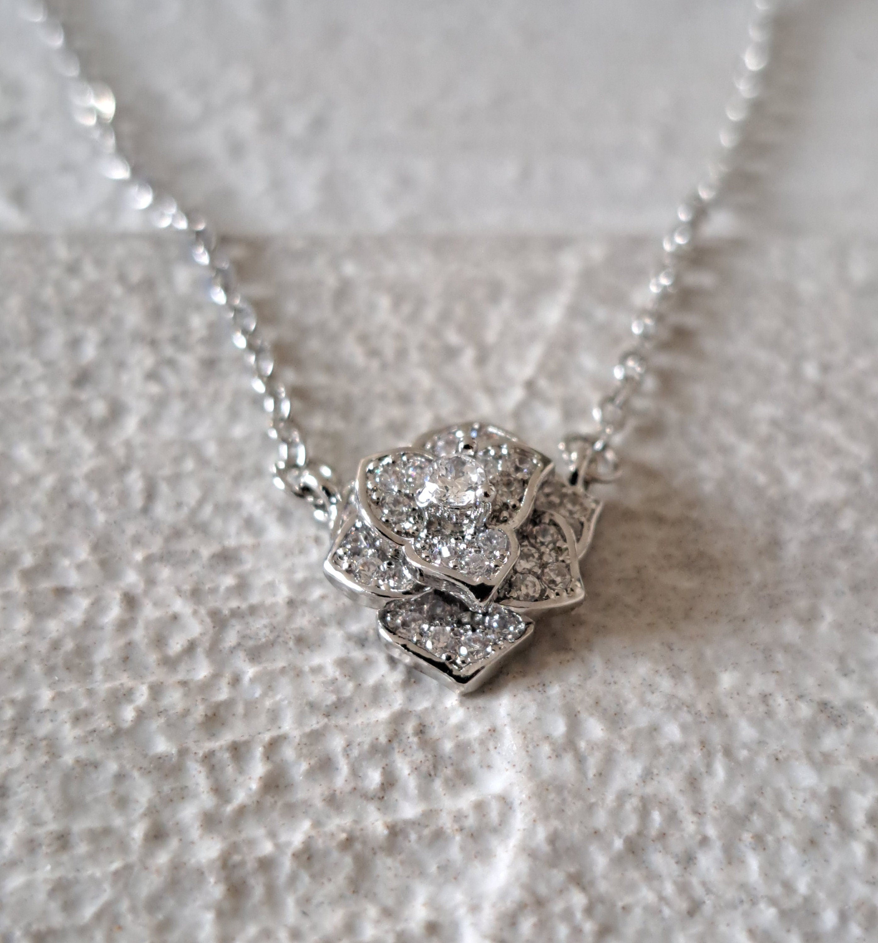 Silver Cut Out Layered Rose Swarovski Crystal Pendant Necklace