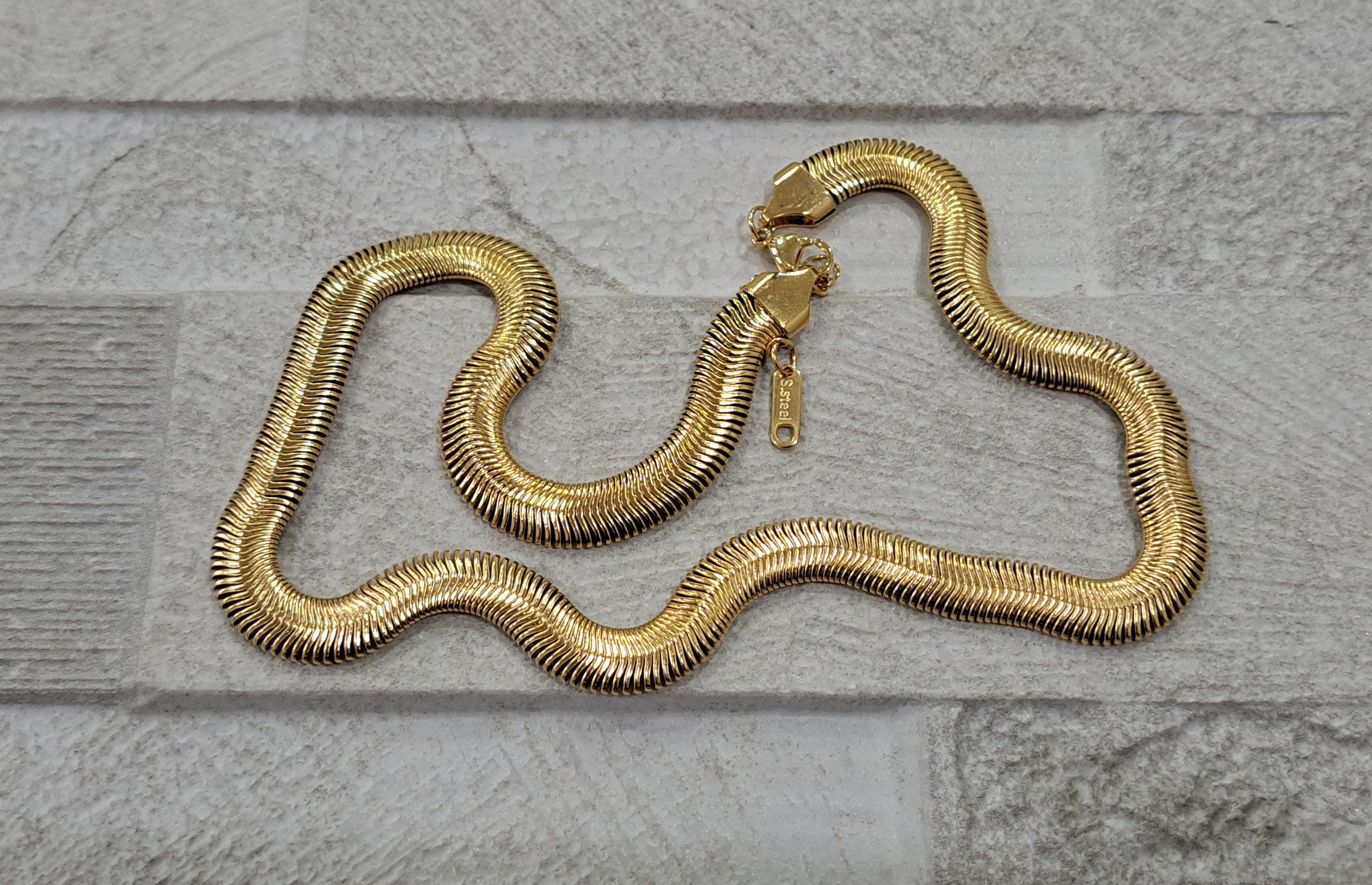 Gold Stainless Steel Snake Link Chain Adjustable Choker Necklace