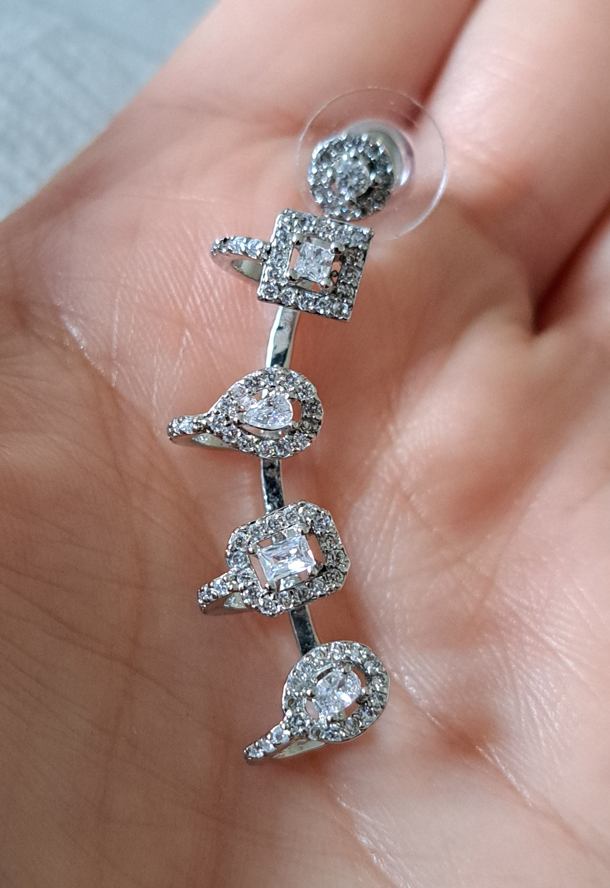 Silver Swarovski Crystal Wing Climbers Wrap Ear Cuff Stud Earrings