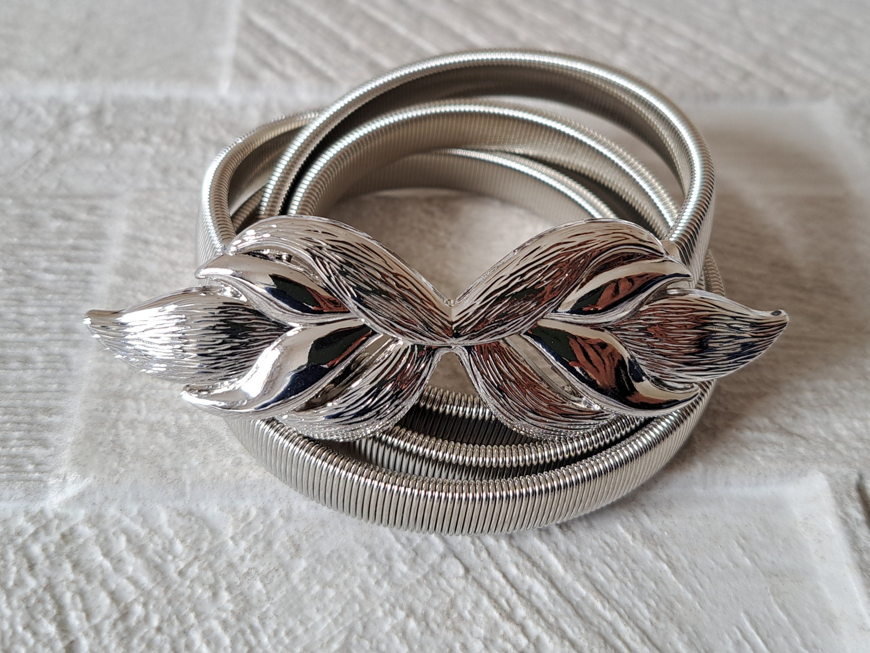 Silver Square Skinny Thin Dress Belt with Textured Buckle