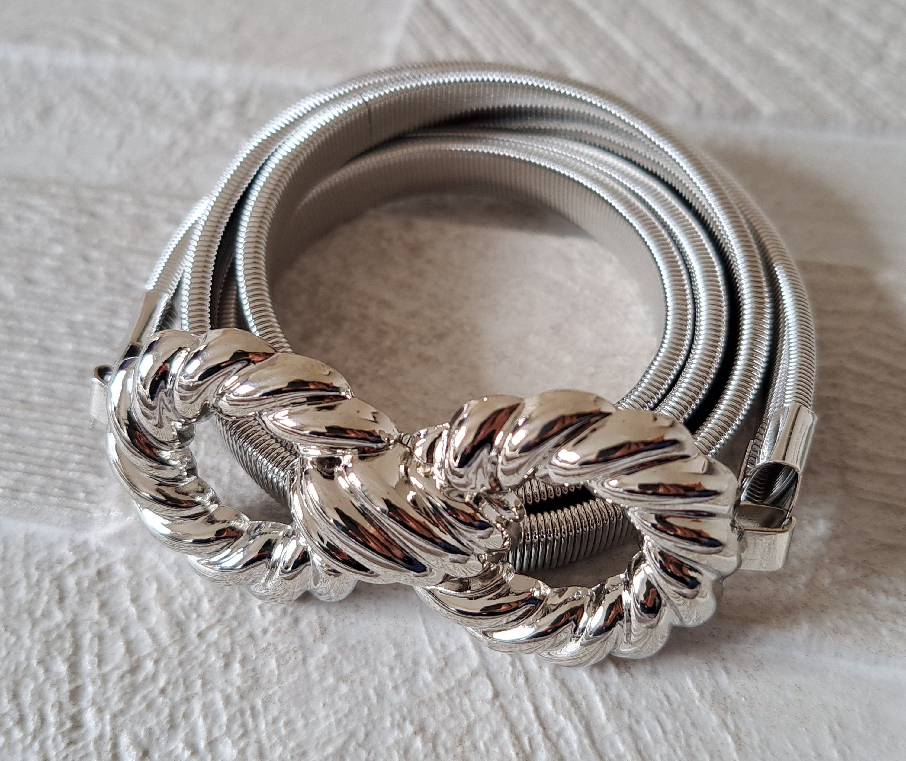 Silver Large Knot Skinny Stretch Hook Buckle Belt