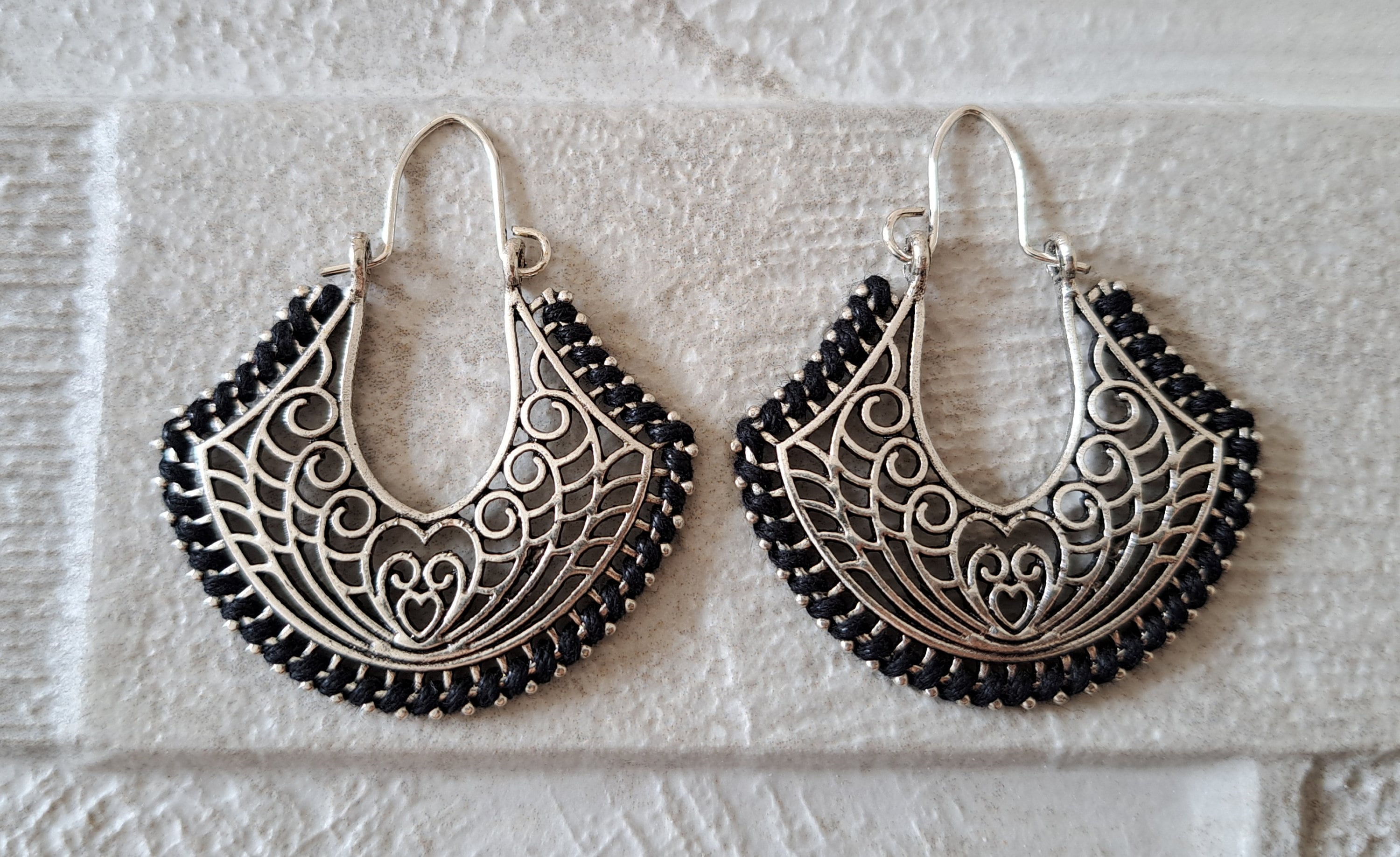 Silver Black Bohemian Wrapped Thread Heart Cut Out Hoop Earrings