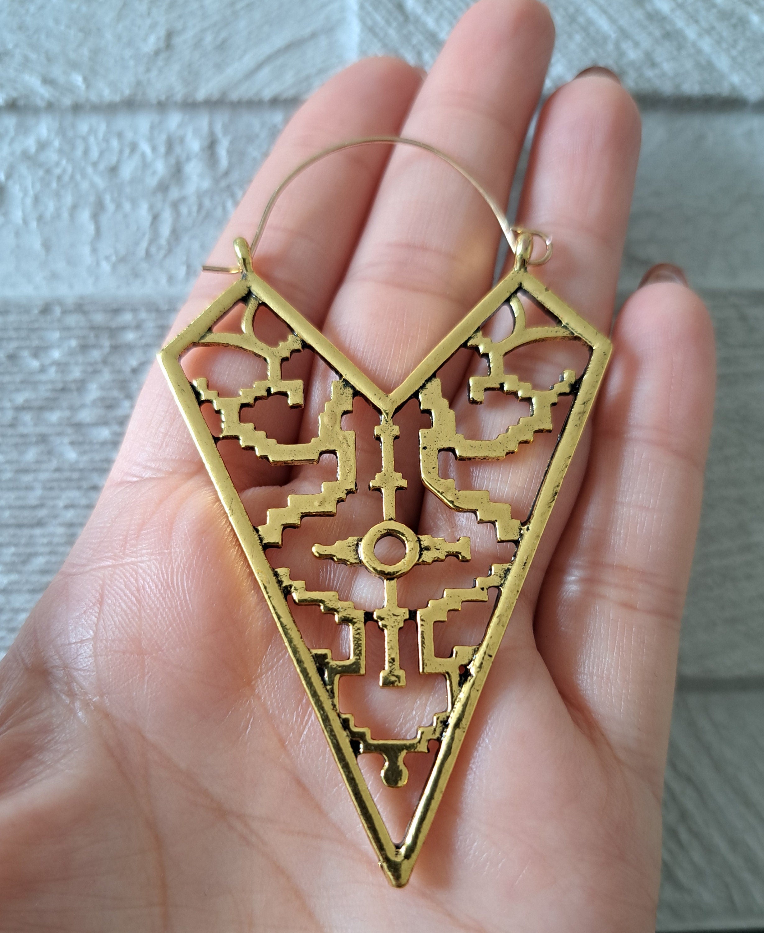 Large Gold Tribal Textured Cut Out Bohemian Patterned Hoop Earrings