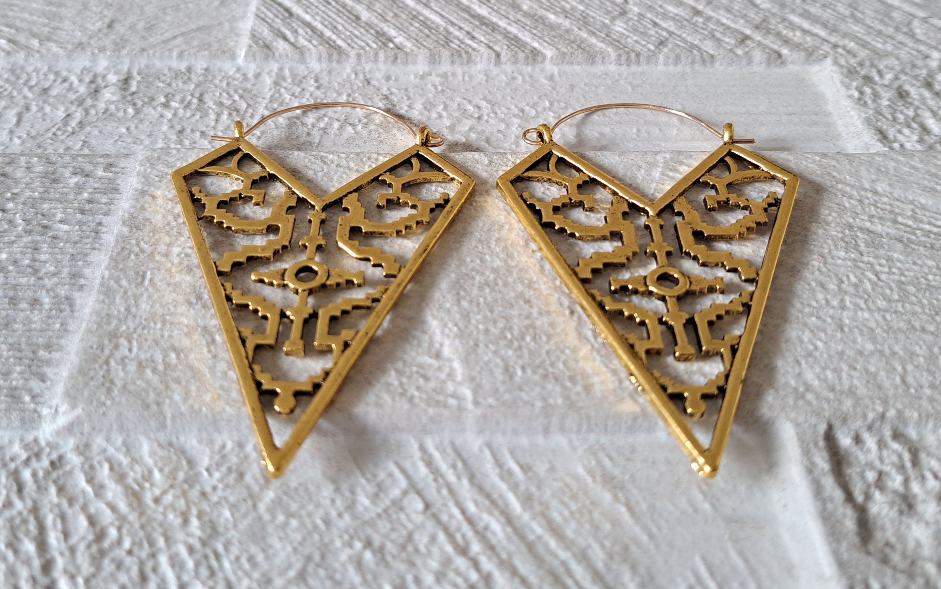 Large Gold Tribal Textured Cut Out Bohemian Patterned Hoop Earrings