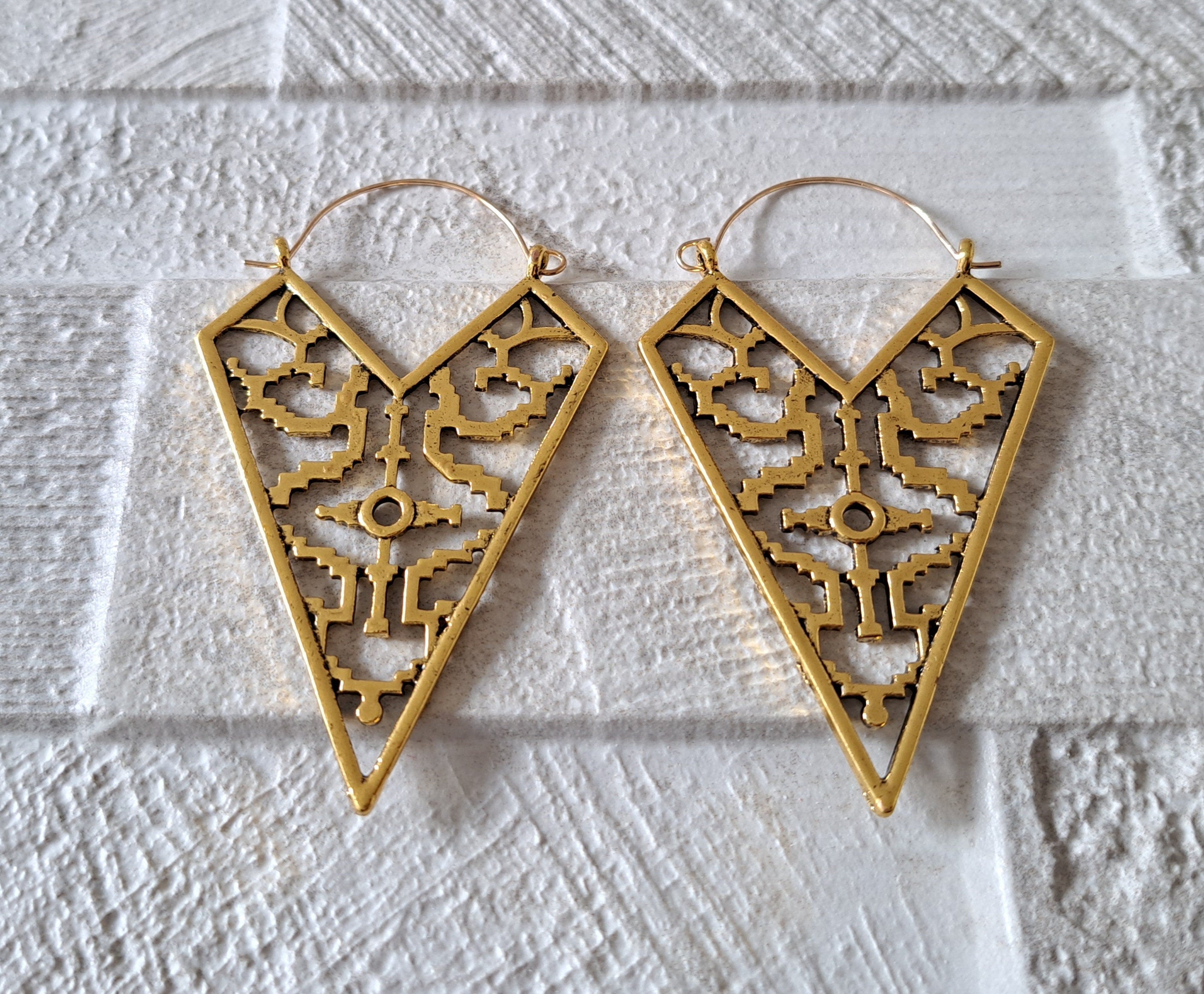 Large Gold Tribal Textured Cut Out Bohemian Patterned Hoop Earrings