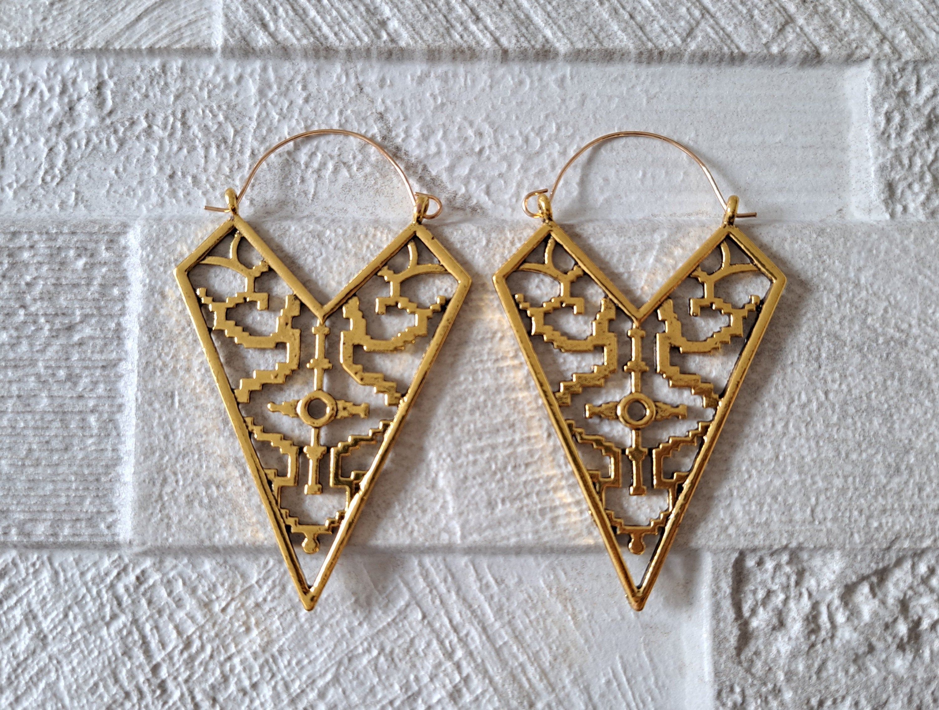 Large Gold Tribal Textured Cut Out Bohemian Patterned Hoop Earrings