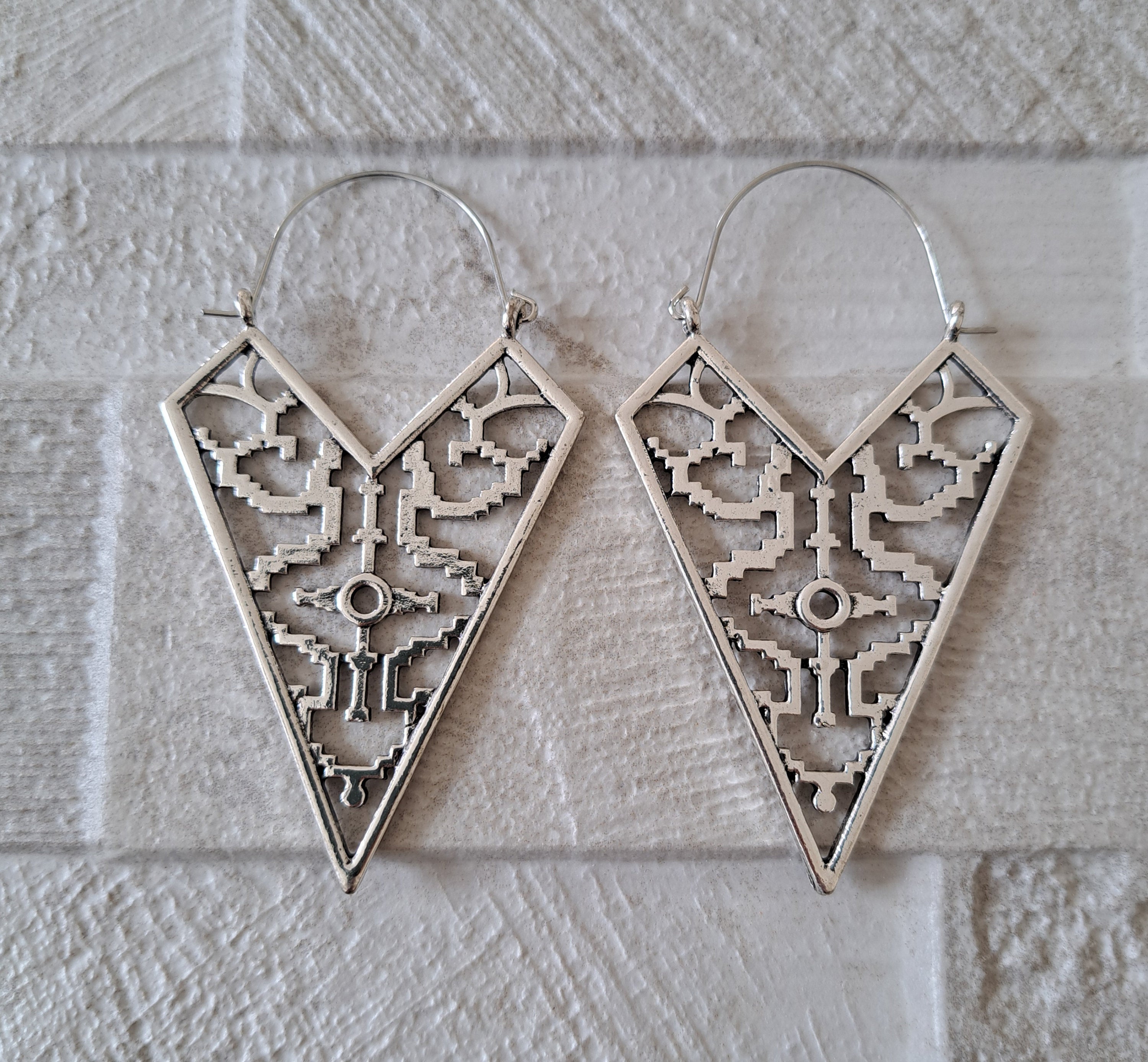 Large Silver Tribal Textured Hoop Earrings