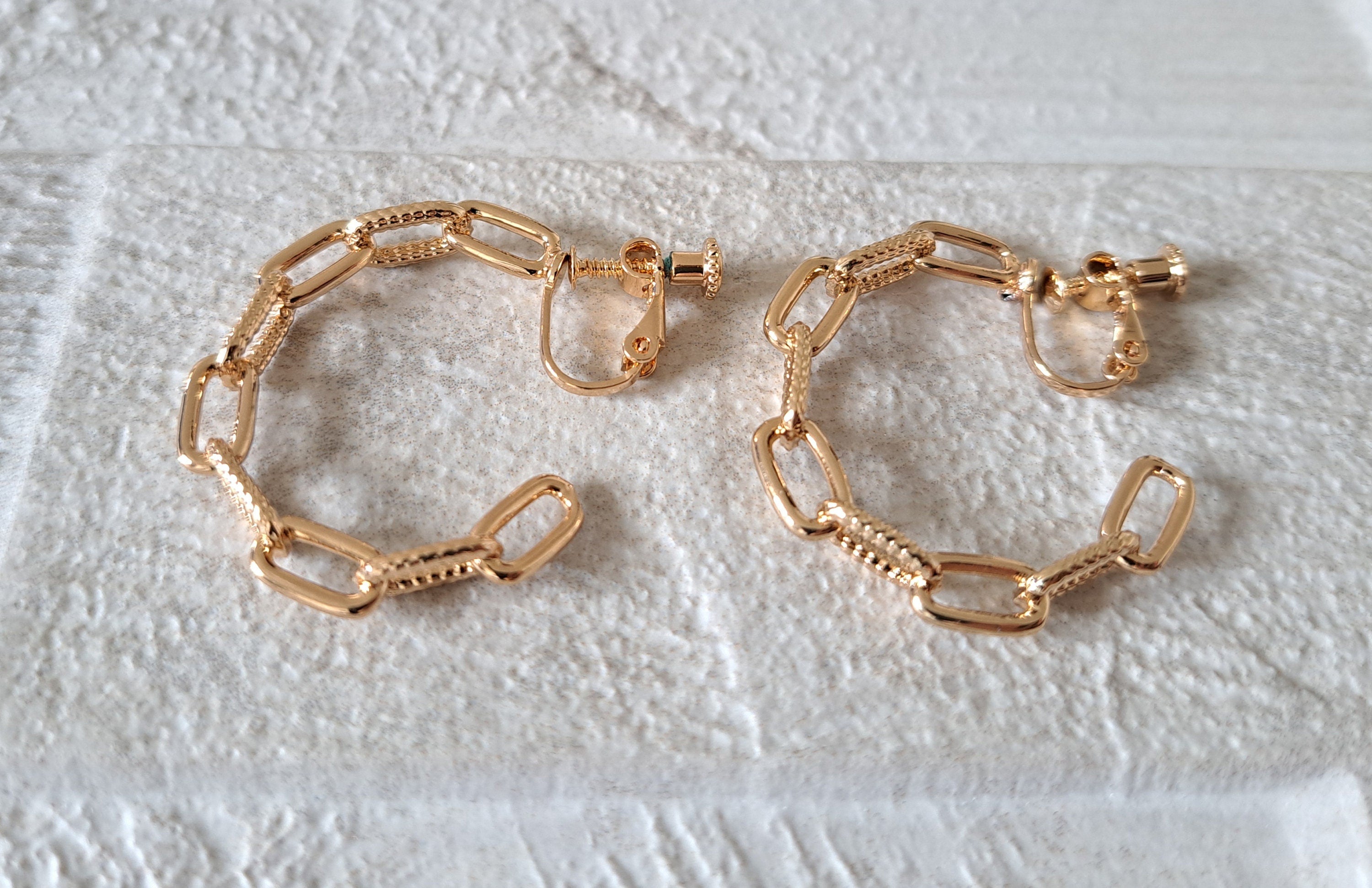 Large Gold Textured Link Chain Clip-On Hoop Earrings