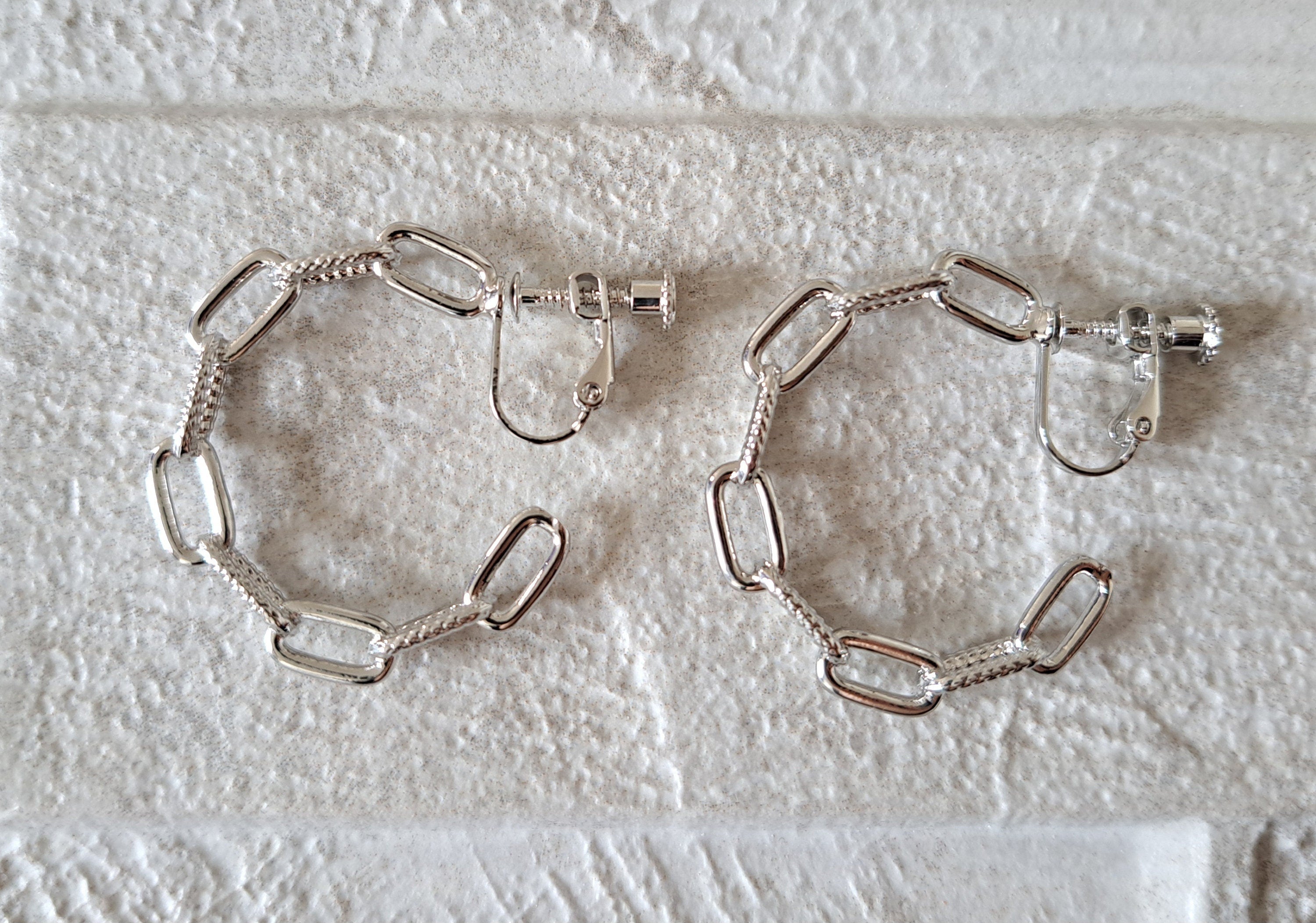 Large Silver Clip-On Linked Chain Textured Hoop Earrings