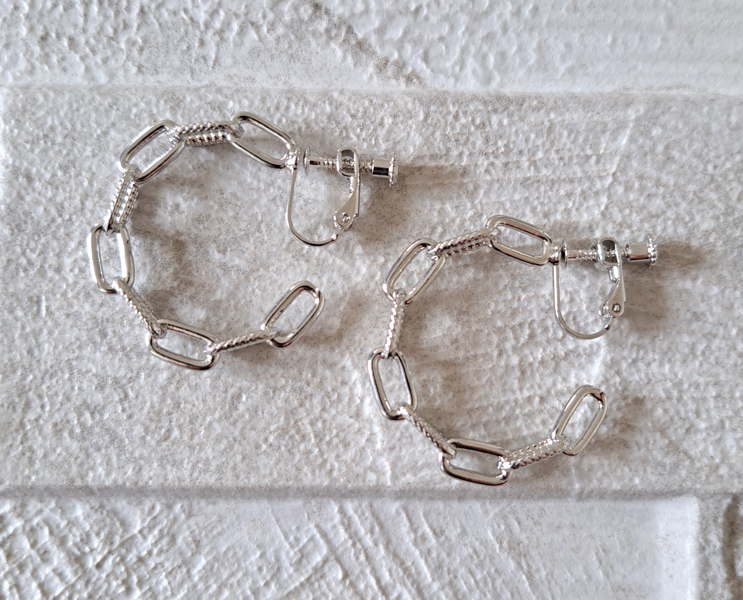 Large Silver Clip-On Linked Chain Textured Hoop Earrings