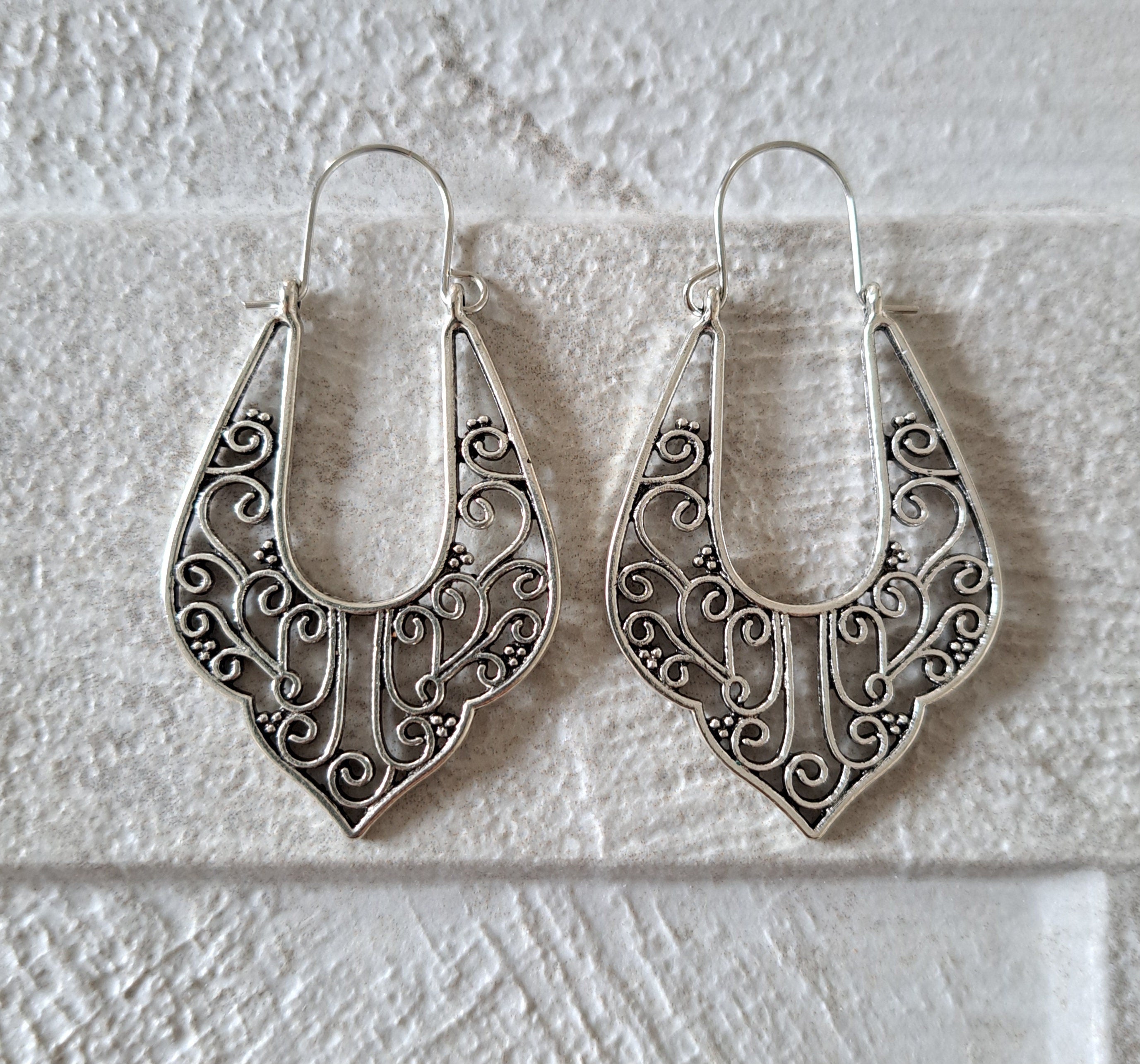 Silver Retro Bohemian Cut Out Dangle Hoop Earrings