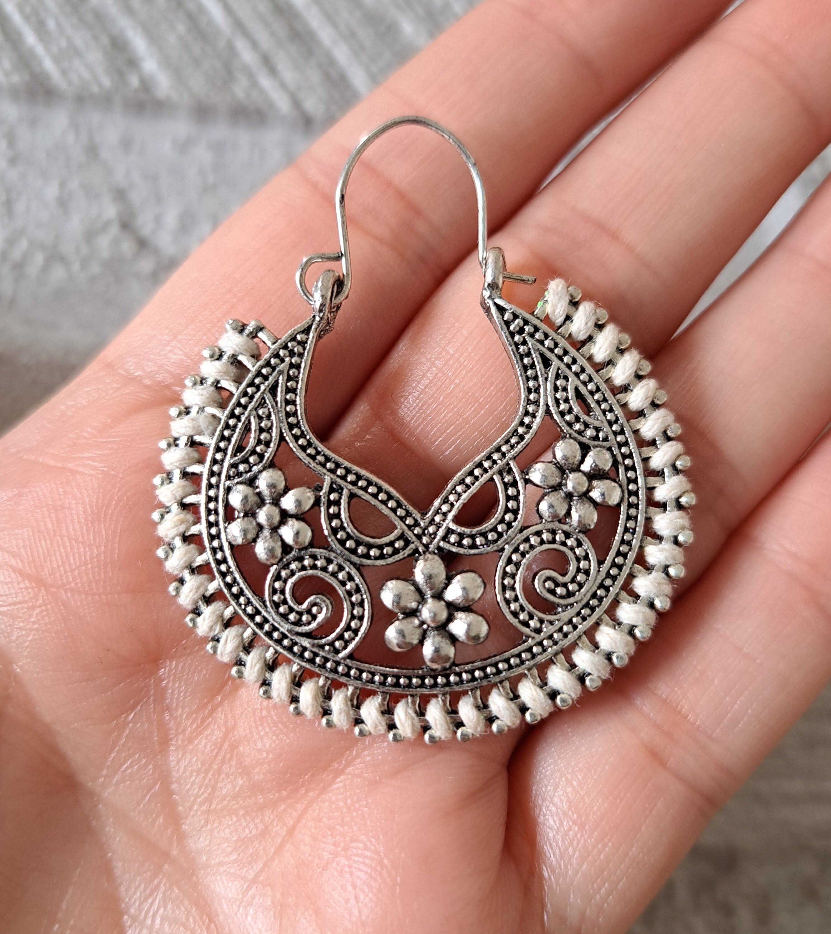Round Silver Off-White Rope Bohemian Flower Cut-Out Hoops